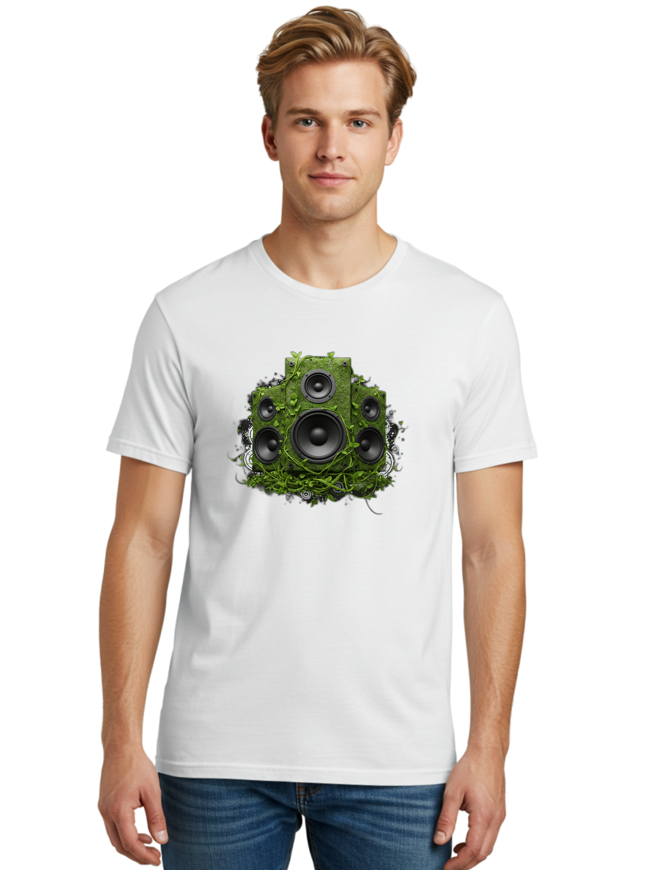 Speakers Men'S Graphic Tee, 100% Cotton, Comfortable Casual Summer Wear, Machine Washable, Grunge Sound System, Vintage Speaker, Overgrown With Vines, Eco-Friendly Audio, Retro Tech, Wild Outdoor Sound, Abstract Art Bad680