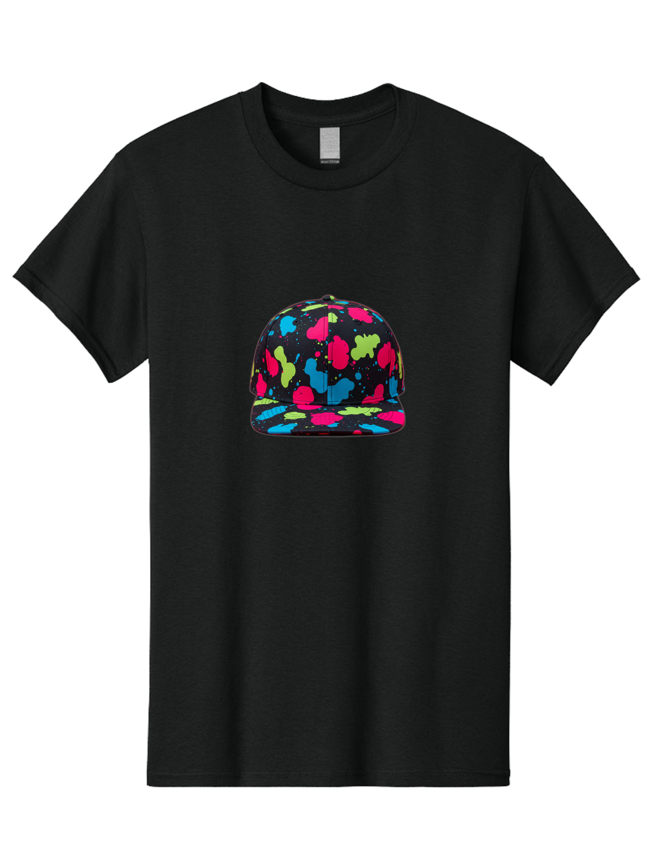 Splatter-Baseball-Cap-1 Men'S Graphic Tee, 100% Cotton, Comfortable Casual Summer Wear, Machine Washable, Baseball Cap, Splatter Design, Colorful Splatters, Pink Blue Green Splatters, Black Cap, Vibrant Colors, Streetwear Fashion, Bad682