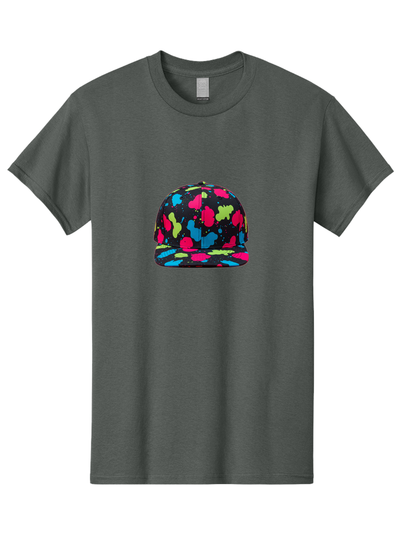Splatter-Baseball-Cap-1 Men'S Graphic Tee, 100% Cotton, Comfortable Casual Summer Wear, Machine Washable, Baseball Cap, Splatter Design, Colorful Splatters, Pink Blue Green Splatters, Black Cap, Vibrant Colors, Streetwear Fashion, Bad682