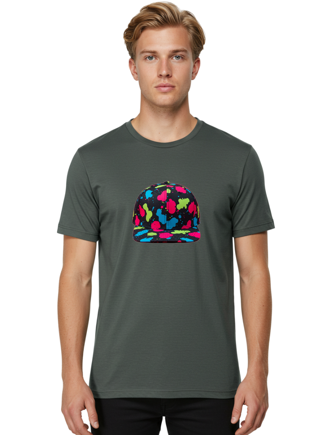 Splatter-Baseball-Cap-1 Men'S Graphic Tee, 100% Cotton, Comfortable Casual Summer Wear, Machine Washable, Baseball Cap, Splatter Design, Colorful Splatters, Pink Blue Green Splatters, Black Cap, Vibrant Colors, Streetwear Fashion, Bad682