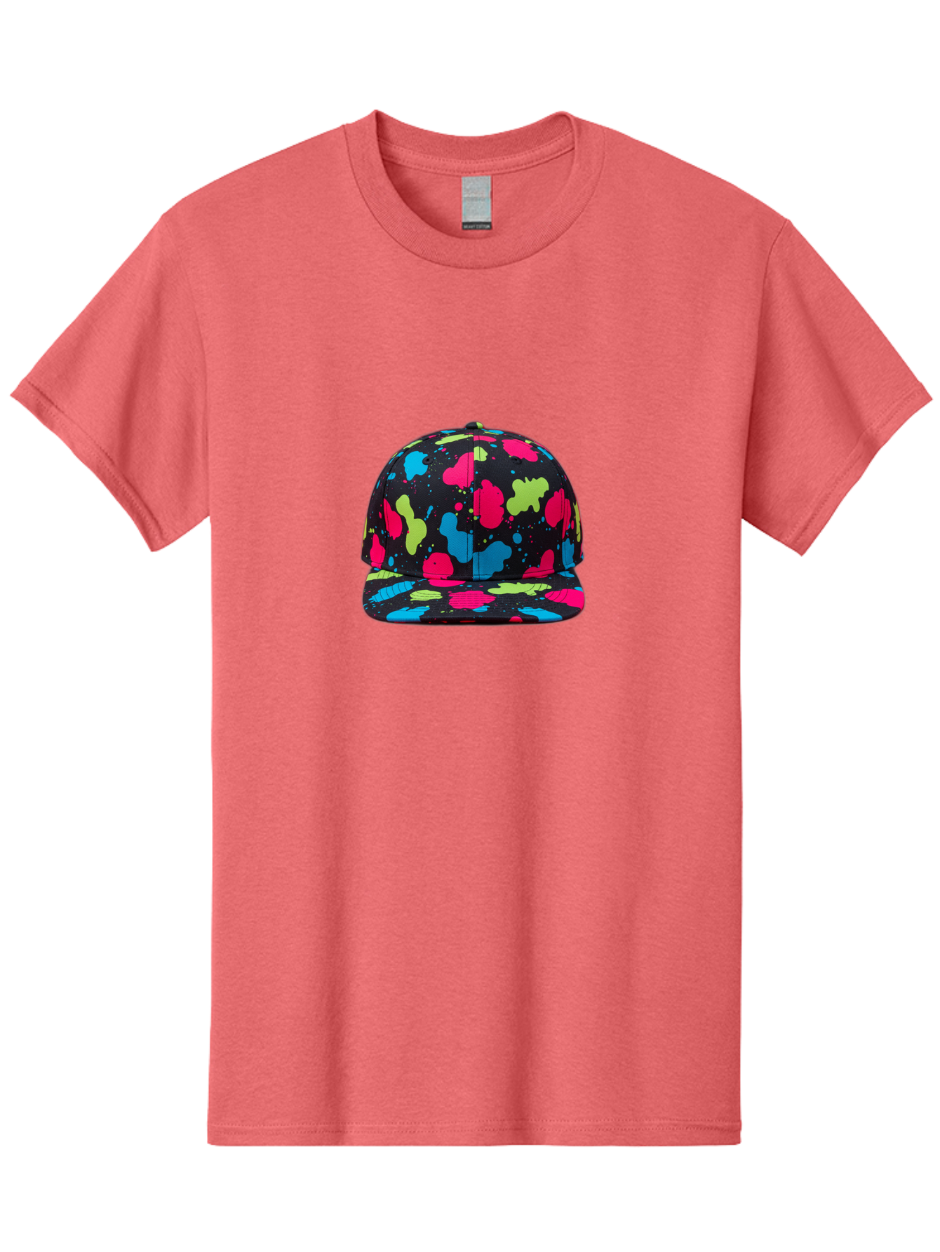 Splatter-Baseball-Cap-1 Men'S Graphic Tee, 100% Cotton, Comfortable Casual Summer Wear, Machine Washable, Baseball Cap, Splatter Design, Colorful Splatters, Pink Blue Green Splatters, Black Cap, Vibrant Colors, Streetwear Fashion, Bad682