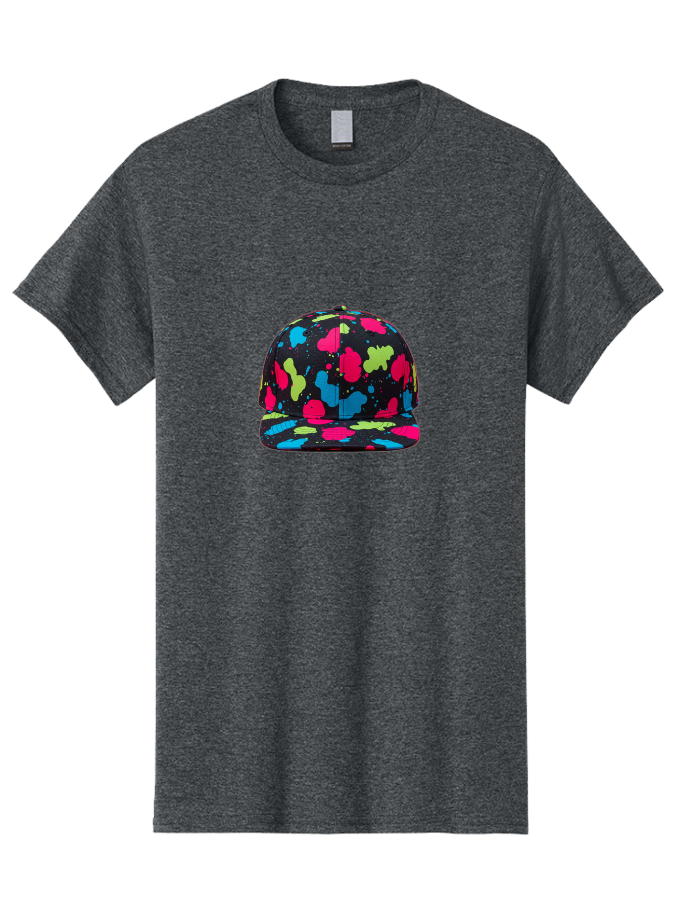 Splatter-Baseball-Cap-1 Men'S Graphic Tee, 100% Cotton, Comfortable Casual Summer Wear, Machine Washable, Baseball Cap, Splatter Design, Colorful Splatters, Pink Blue Green Splatters, Black Cap, Vibrant Colors, Streetwear Fashion, Bad682