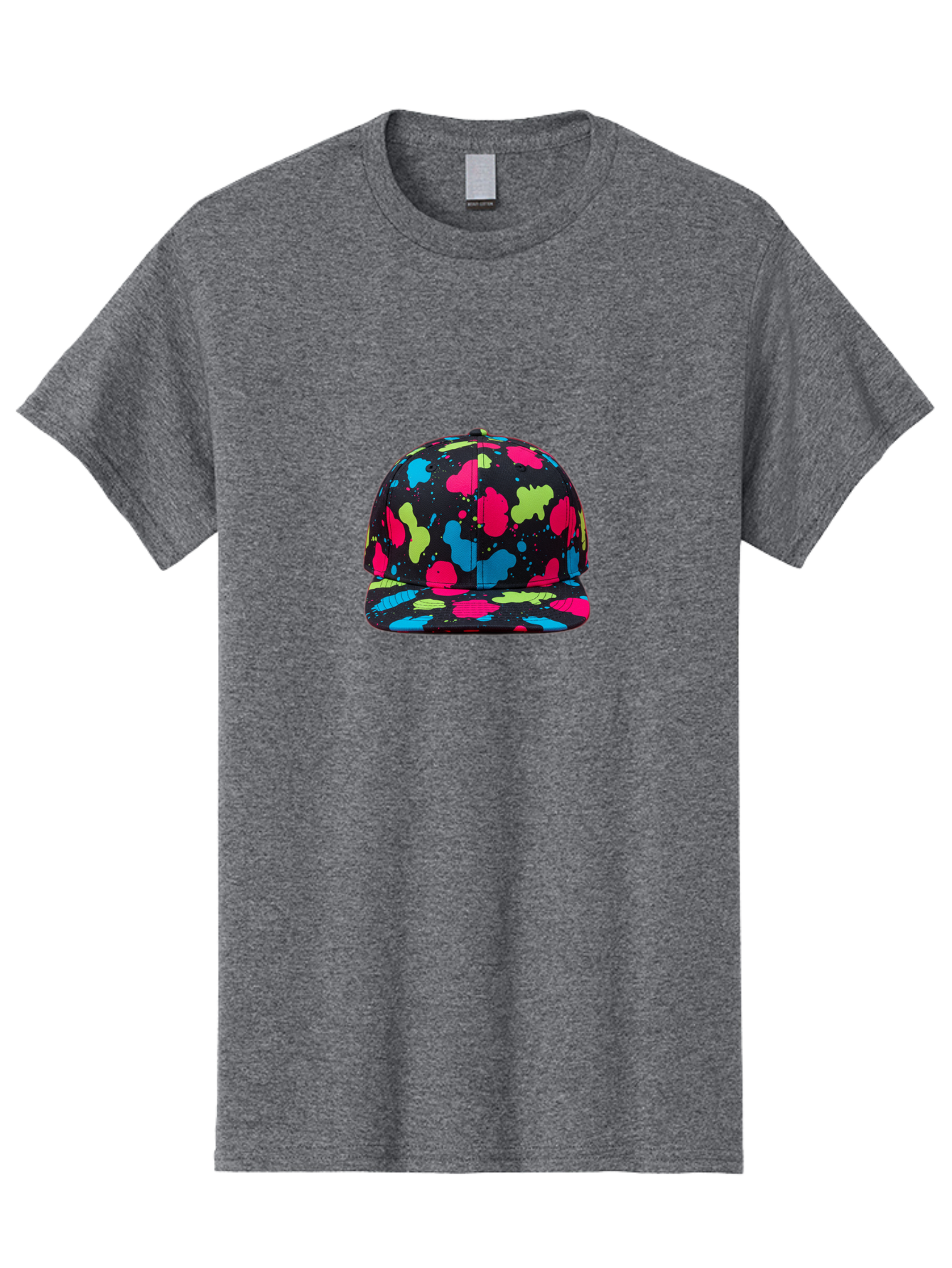 Splatter-Baseball-Cap-1 Men'S Graphic Tee, 100% Cotton, Comfortable Casual Summer Wear, Machine Washable, Baseball Cap, Splatter Design, Colorful Splatters, Pink Blue Green Splatters, Black Cap, Vibrant Colors, Streetwear Fashion, Bad682