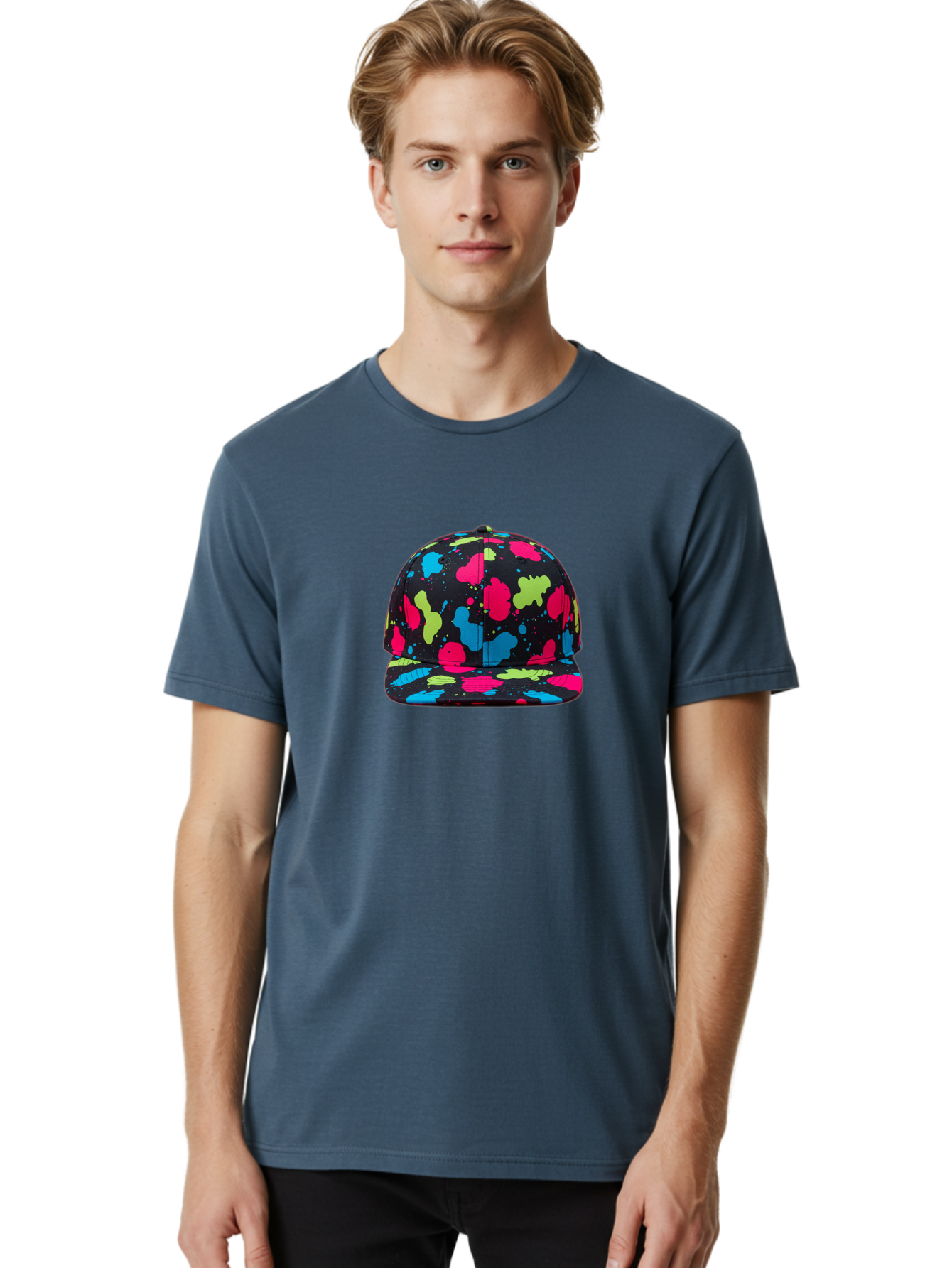 Splatter-Baseball-Cap-1 Men'S Graphic Tee, 100% Cotton, Comfortable Casual Summer Wear, Machine Washable, Baseball Cap, Splatter Design, Colorful Splatters, Pink Blue Green Splatters, Black Cap, Vibrant Colors, Streetwear Fashion, Bad682