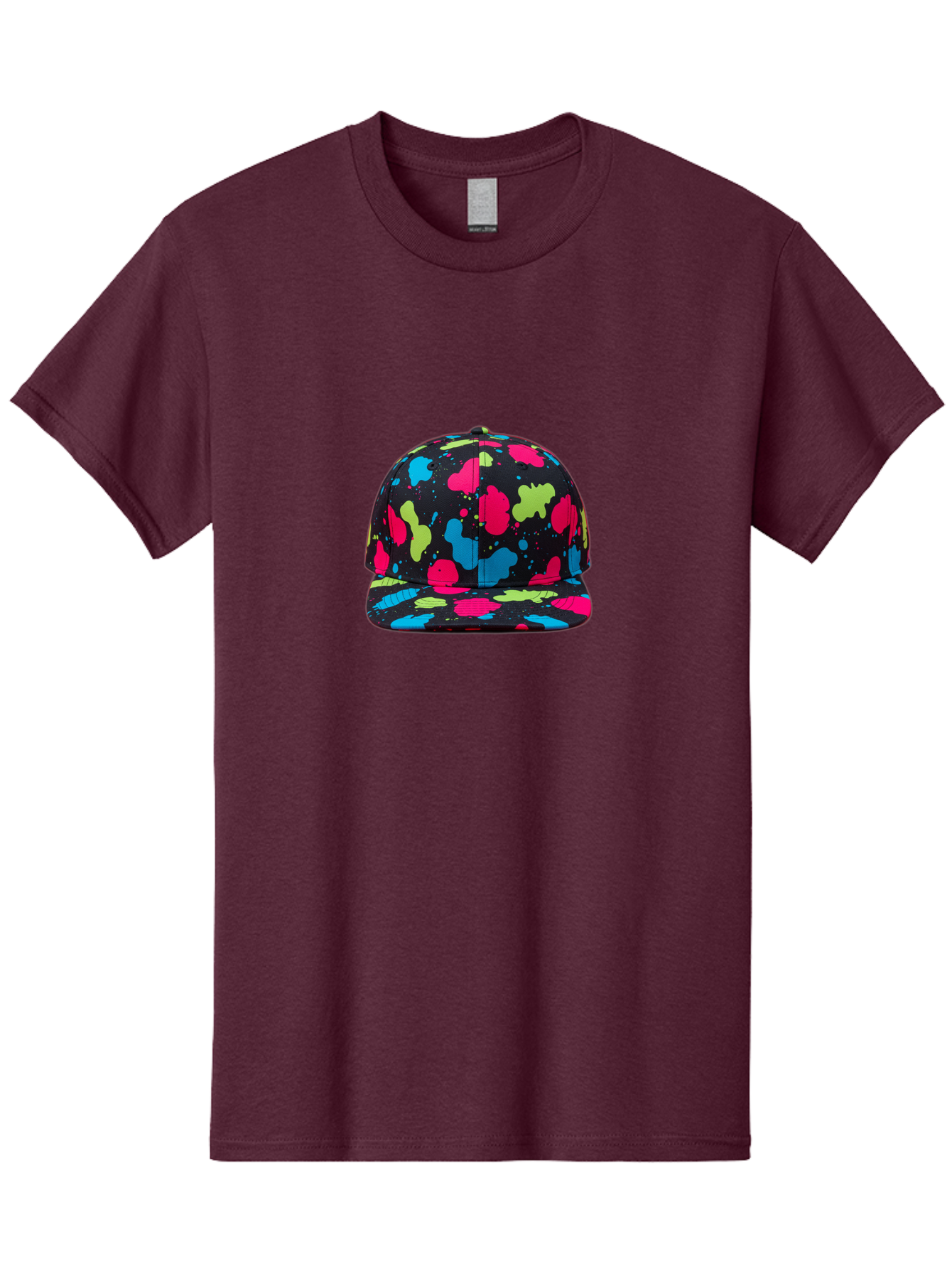 Splatter-Baseball-Cap-1 Men'S Graphic Tee, 100% Cotton, Comfortable Casual Summer Wear, Machine Washable, Baseball Cap, Splatter Design, Colorful Splatters, Pink Blue Green Splatters, Black Cap, Vibrant Colors, Streetwear Fashion, Bad682