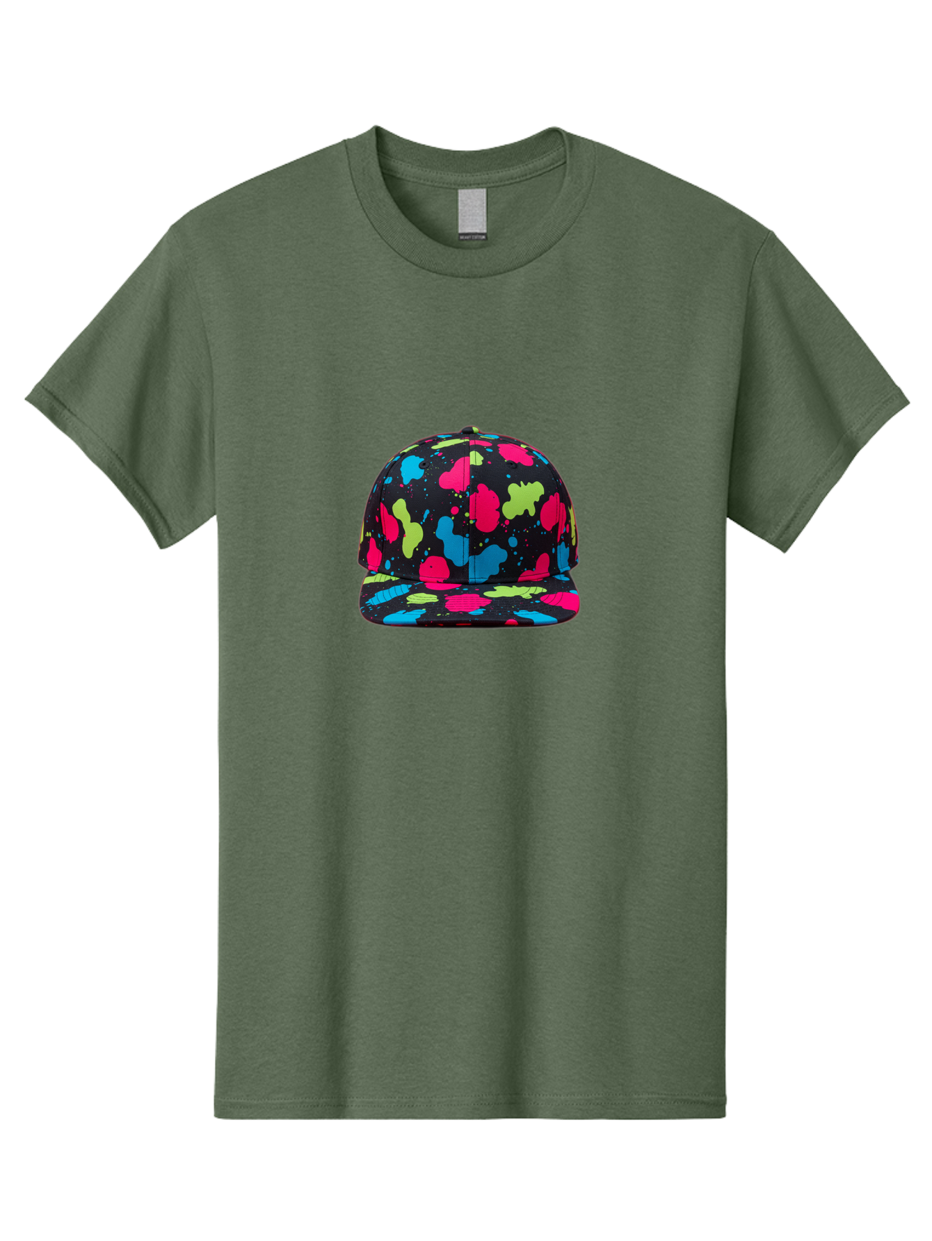 Splatter-Baseball-Cap-1 Men'S Graphic Tee, 100% Cotton, Comfortable Casual Summer Wear, Machine Washable, Baseball Cap, Splatter Design, Colorful Splatters, Pink Blue Green Splatters, Black Cap, Vibrant Colors, Streetwear Fashion, Bad682