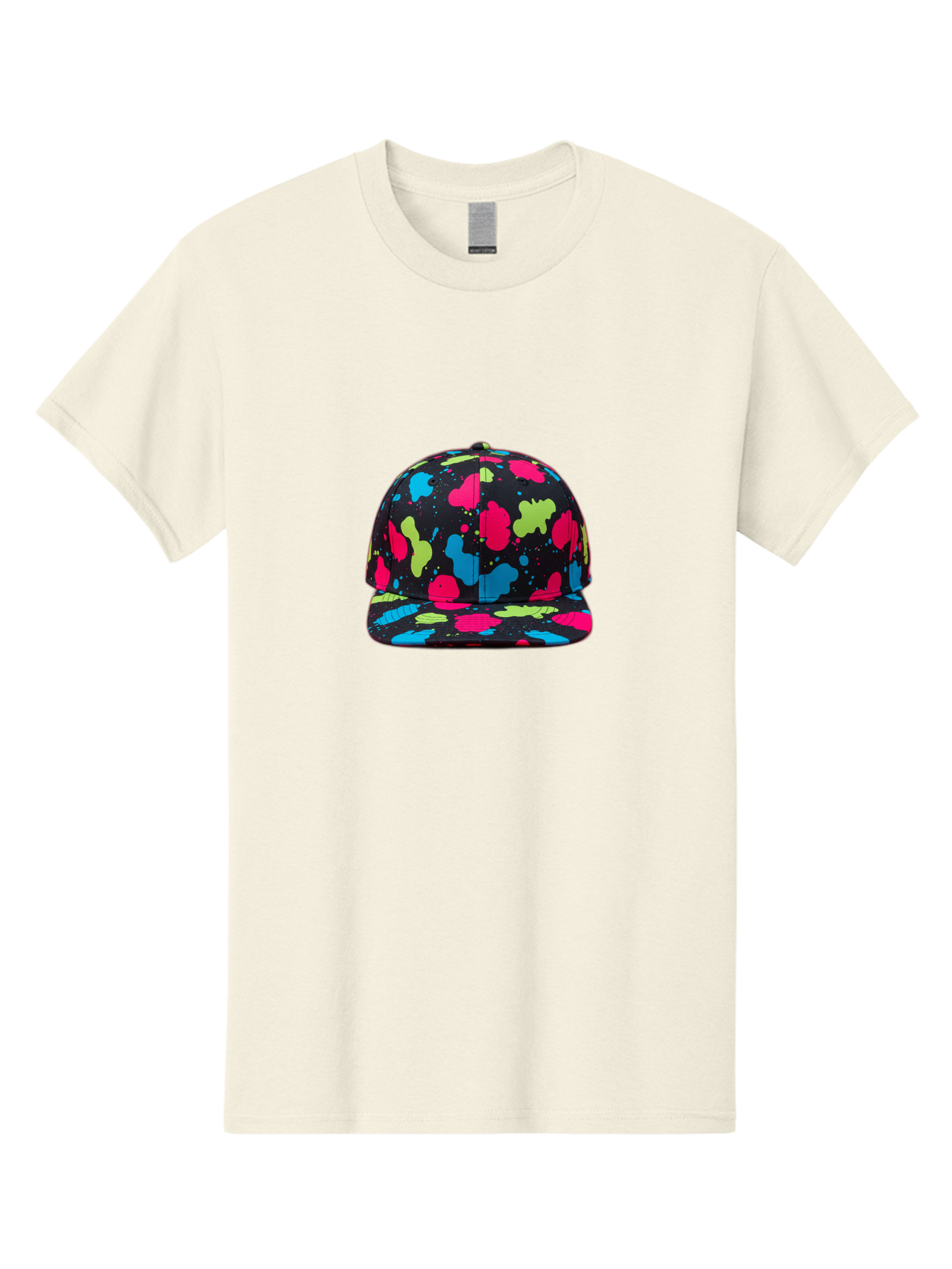 Splatter-Baseball-Cap-1 Men'S Graphic Tee, 100% Cotton, Comfortable Casual Summer Wear, Machine Washable, Baseball Cap, Splatter Design, Colorful Splatters, Pink Blue Green Splatters, Black Cap, Vibrant Colors, Streetwear Fashion, Bad682