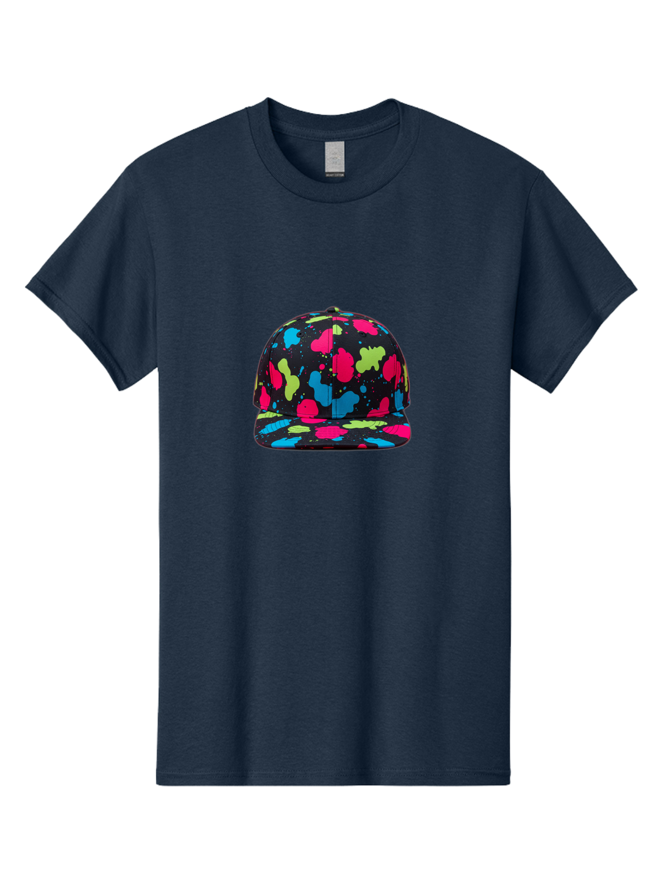 Splatter-Baseball-Cap-1 Men'S Graphic Tee, 100% Cotton, Comfortable Casual Summer Wear, Machine Washable, Baseball Cap, Splatter Design, Colorful Splatters, Pink Blue Green Splatters, Black Cap, Vibrant Colors, Streetwear Fashion, Bad682