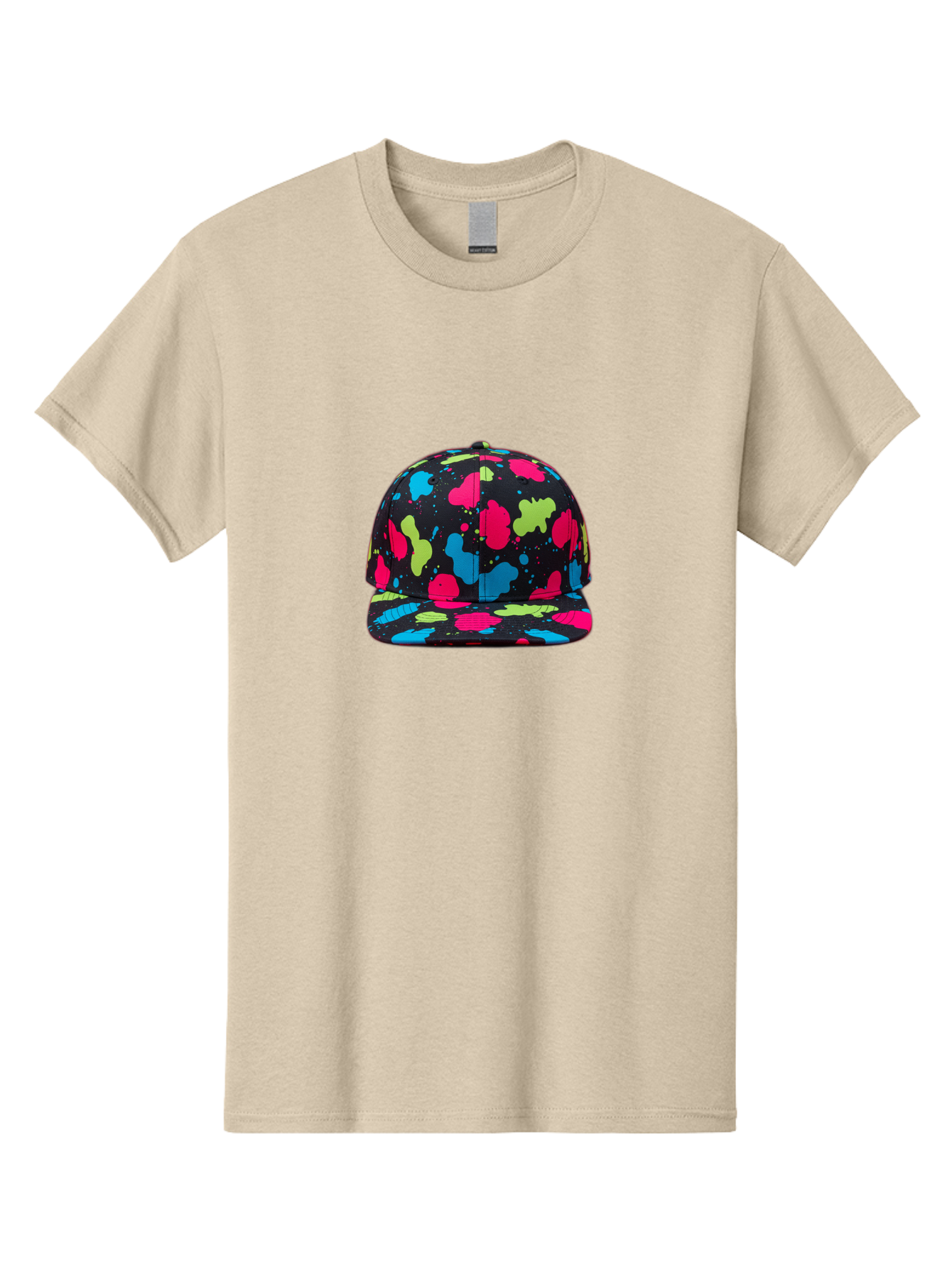 Splatter-Baseball-Cap-1 Men'S Graphic Tee, 100% Cotton, Comfortable Casual Summer Wear, Machine Washable, Baseball Cap, Splatter Design, Colorful Splatters, Pink Blue Green Splatters, Black Cap, Vibrant Colors, Streetwear Fashion, Bad682