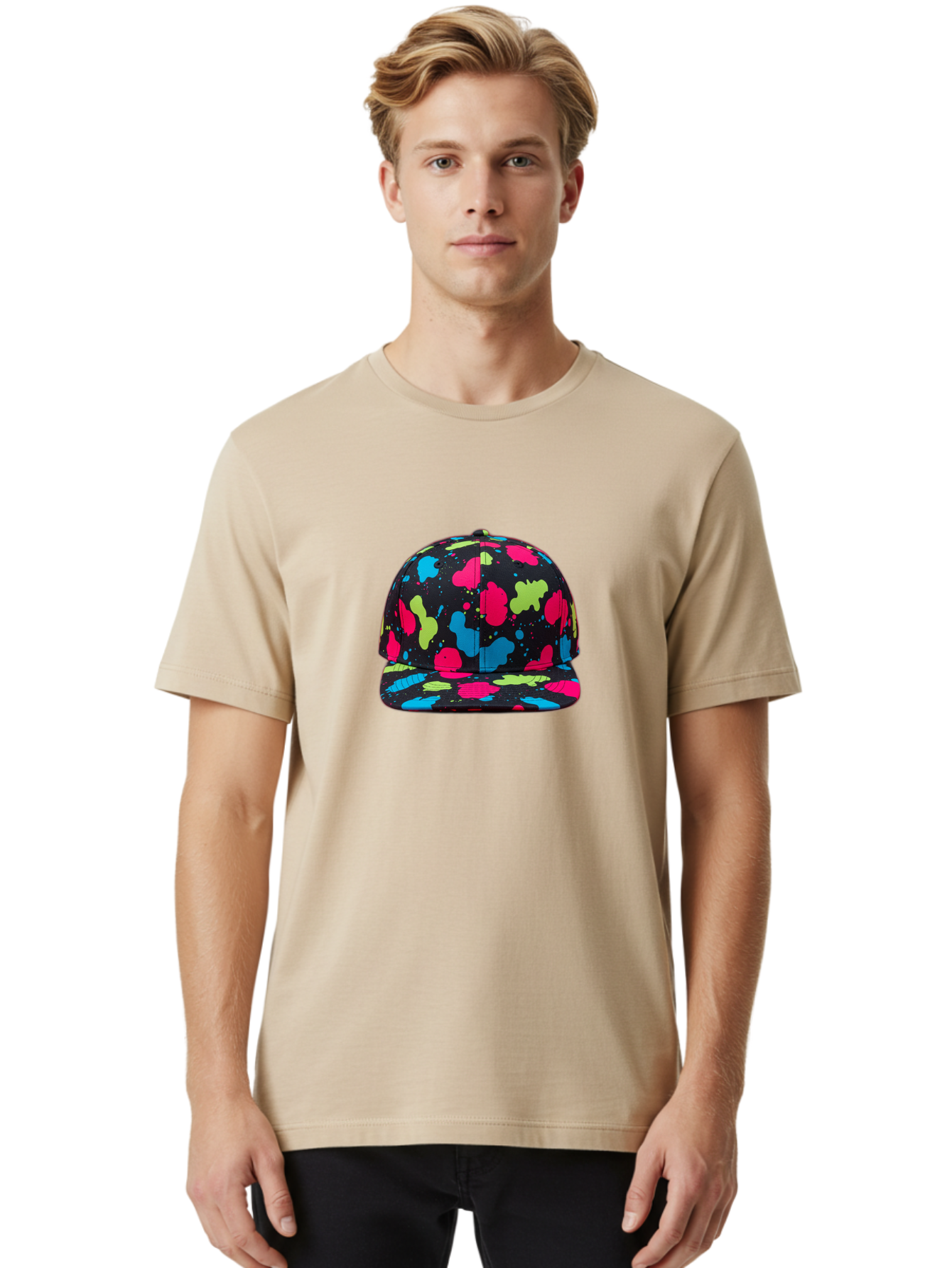 Splatter-Baseball-Cap-1 Men'S Graphic Tee, 100% Cotton, Comfortable Casual Summer Wear, Machine Washable, Baseball Cap, Splatter Design, Colorful Splatters, Pink Blue Green Splatters, Black Cap, Vibrant Colors, Streetwear Fashion, Bad682