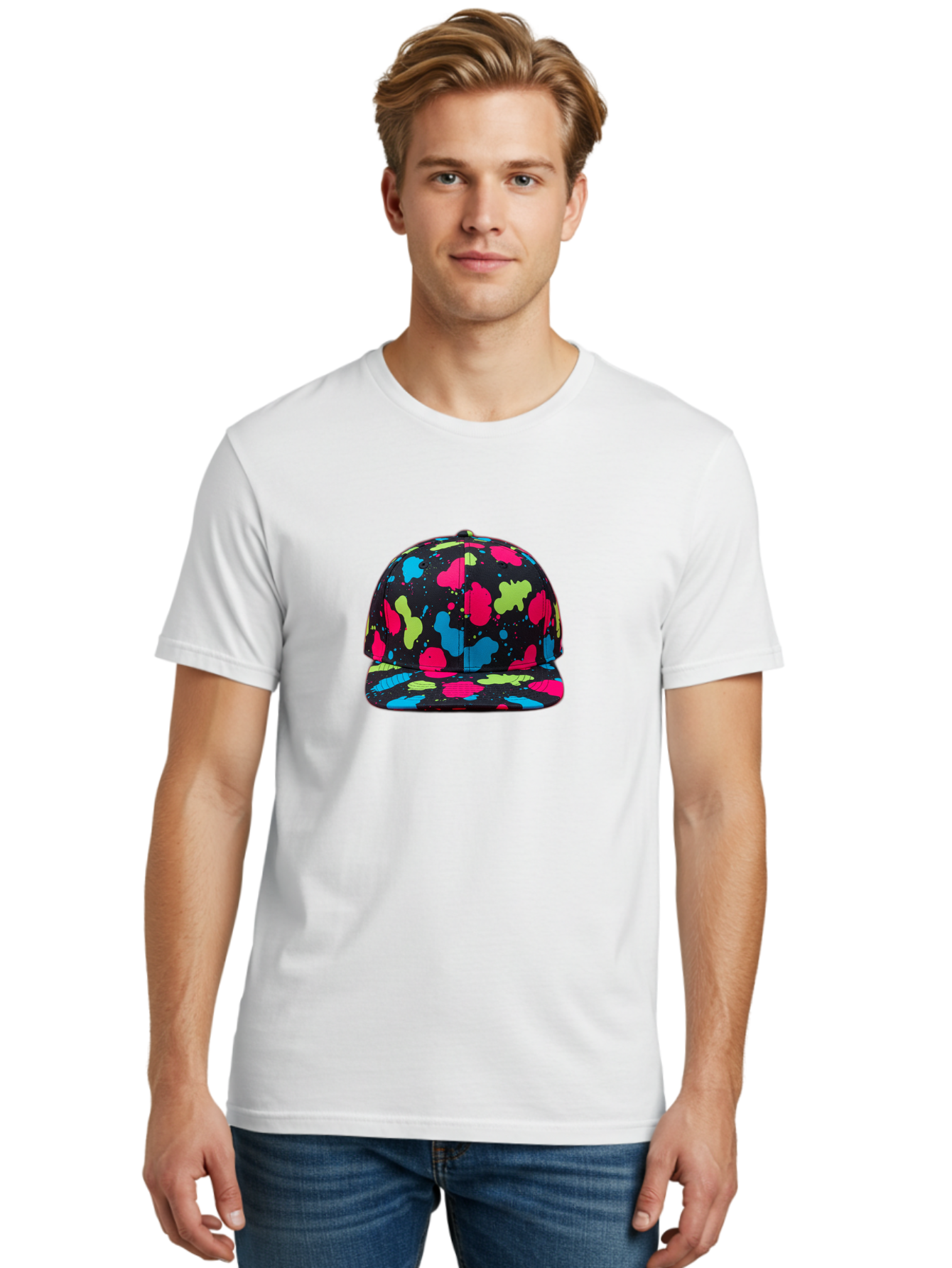 Splatter-Baseball-Cap-1 Men'S Graphic Tee, 100% Cotton, Comfortable Casual Summer Wear, Machine Washable, Baseball Cap, Splatter Design, Colorful Splatters, Pink Blue Green Splatters, Black Cap, Vibrant Colors, Streetwear Fashion, Bad682