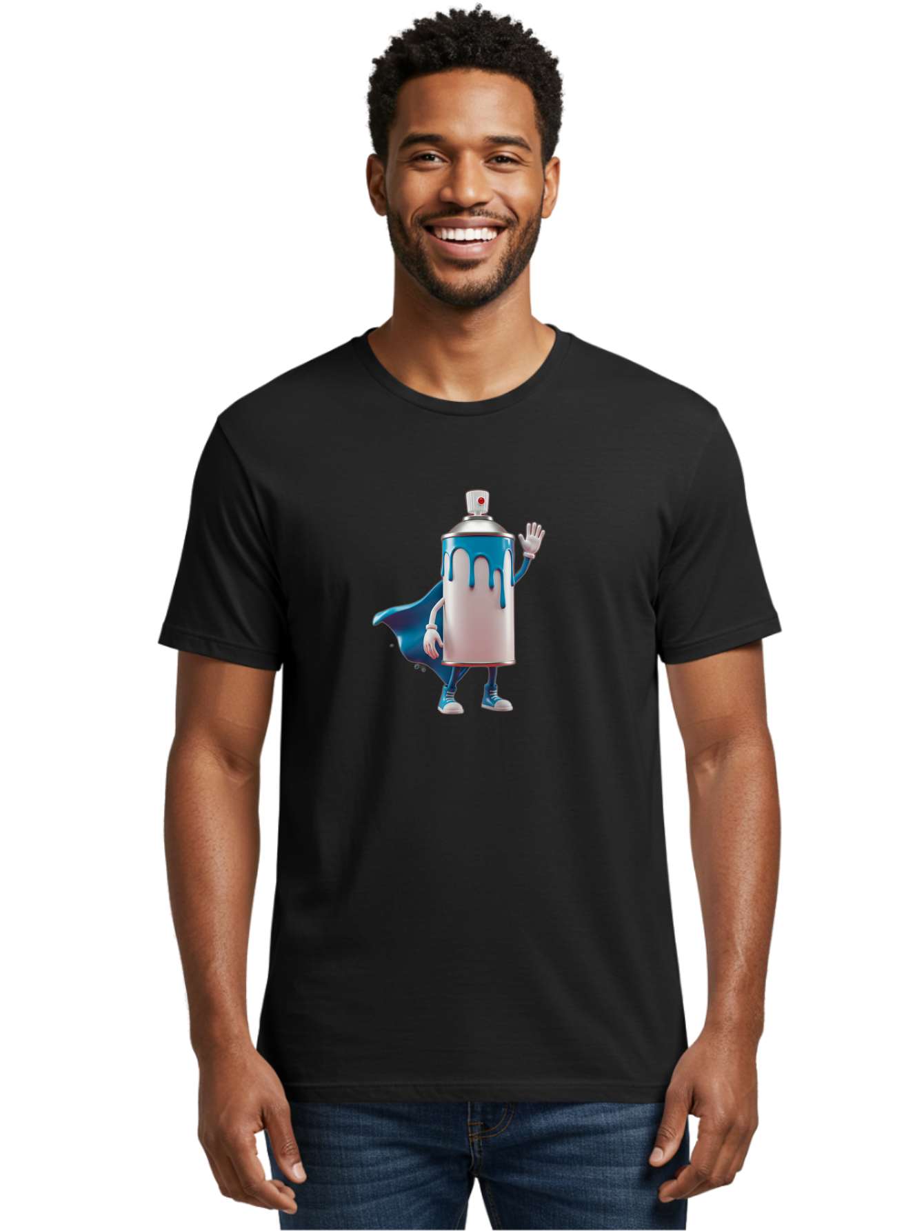 Spray-Can-1 Men'S Graphic Tee, 100% Cotton, Comfortable Casual Summer Wear, Machine Washable, Spray Can Character, Cartoon Style, Street Art, Graffiti, Superhero, Blue Paint, Creative Design, Artistic Expression, Urban Culture, Vibrant Colors, Bad684