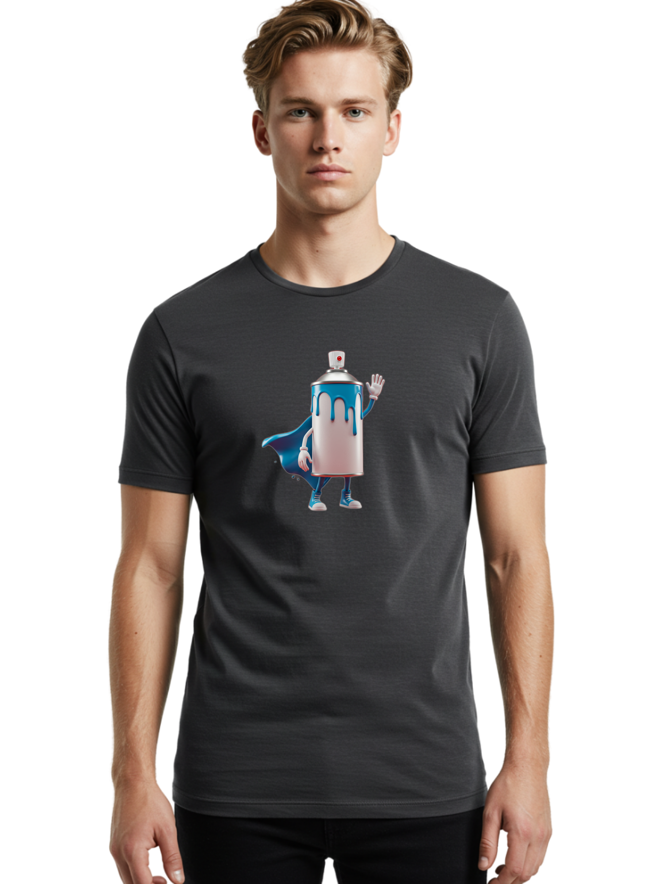 Spray-Can-1 Men'S Graphic Tee, 100% Cotton, Comfortable Casual Summer Wear, Machine Washable, Spray Can Character, Cartoon Style, Street Art, Graffiti, Superhero, Blue Paint, Creative Design, Artistic Expression, Urban Culture, Vibrant Colors, Bad684