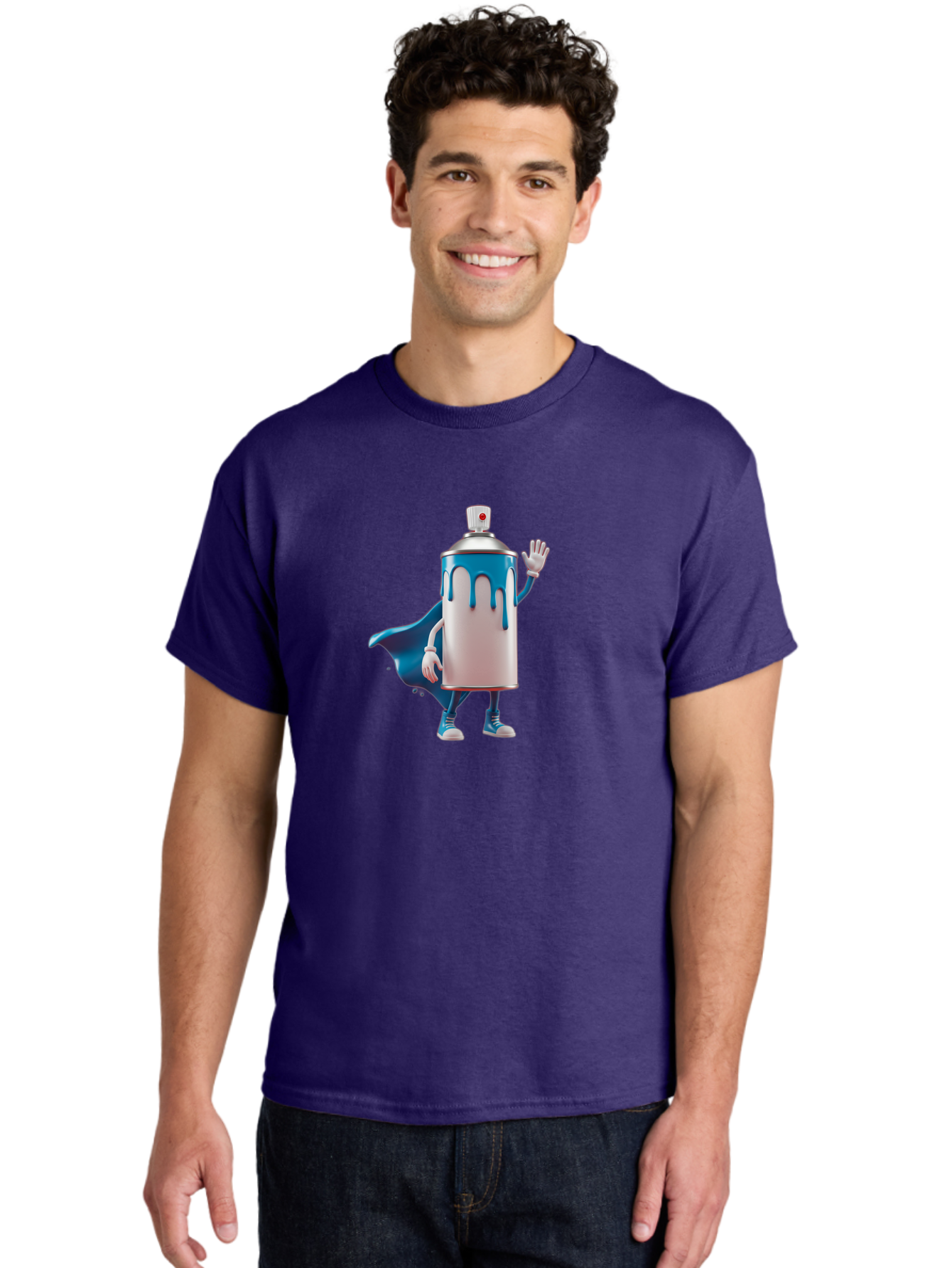 Spray-Can-1 Men'S Graphic Tee, 100% Cotton, Comfortable Casual Summer Wear, Machine Washable, Spray Can Character, Cartoon Style, Street Art, Graffiti, Superhero, Blue Paint, Creative Design, Artistic Expression, Urban Culture, Vibrant Colors, Bad684