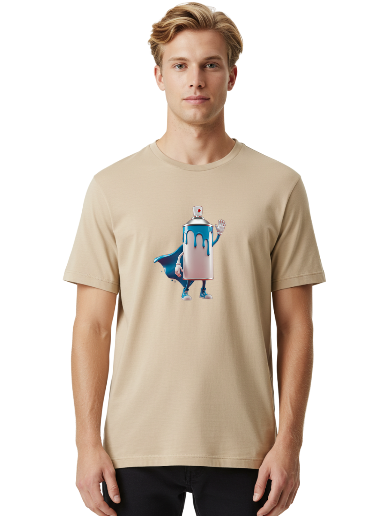 Spray-Can-1 Men'S Graphic Tee, 100% Cotton, Comfortable Casual Summer Wear, Machine Washable, Spray Can Character, Cartoon Style, Street Art, Graffiti, Superhero, Blue Paint, Creative Design, Artistic Expression, Urban Culture, Vibrant Colors, Bad684