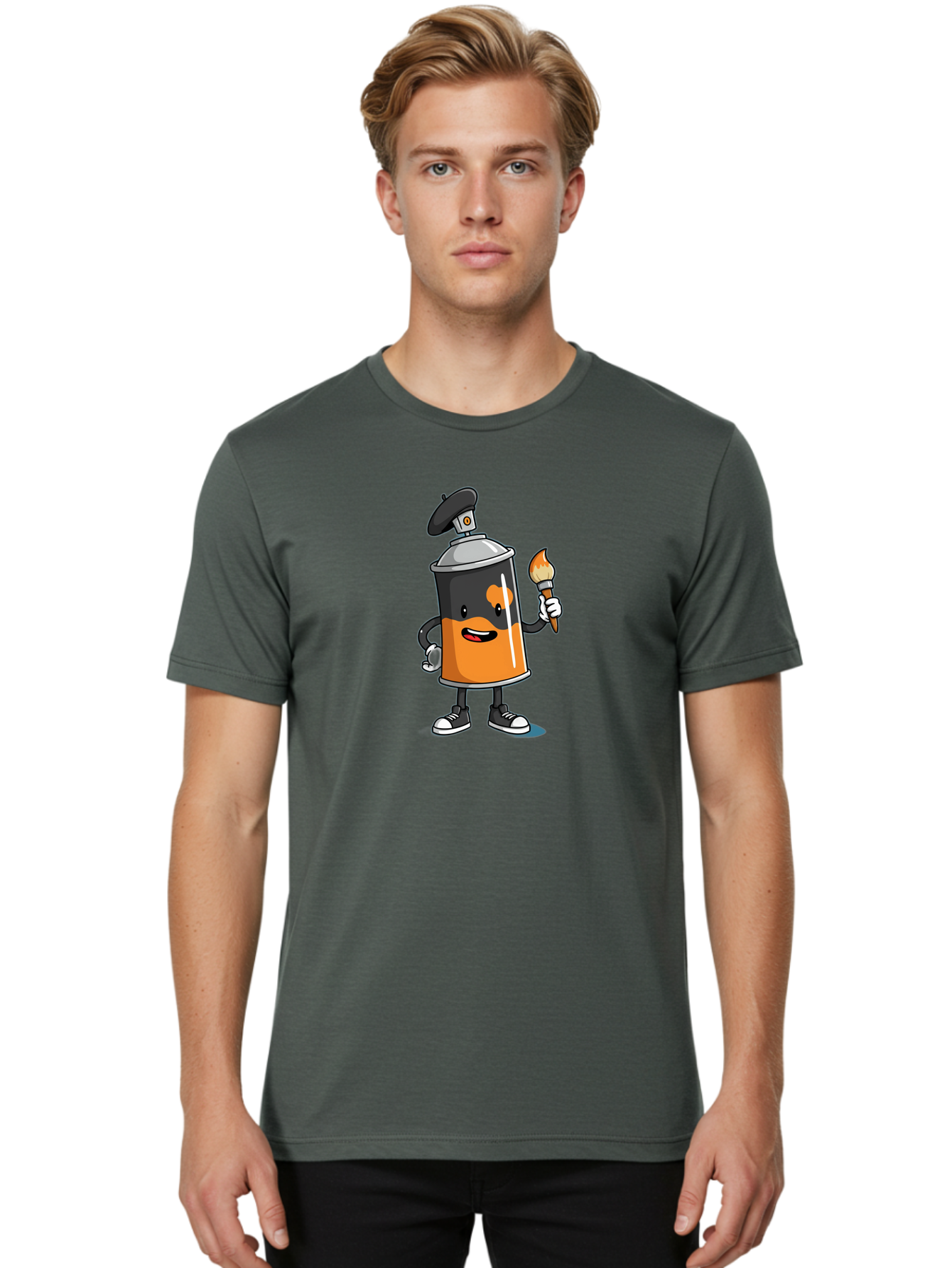 Spray-Can-2 Men'S Graphic Tee, 100% Cotton, Comfortable Casual Summer Wear, Machine Washable, Cartoon Spray Can, Street Art, Graffiti, Urban Culture, Creative Expression, Artistic Character, Vibrant Orange, Black And White Sneakers, Bad685