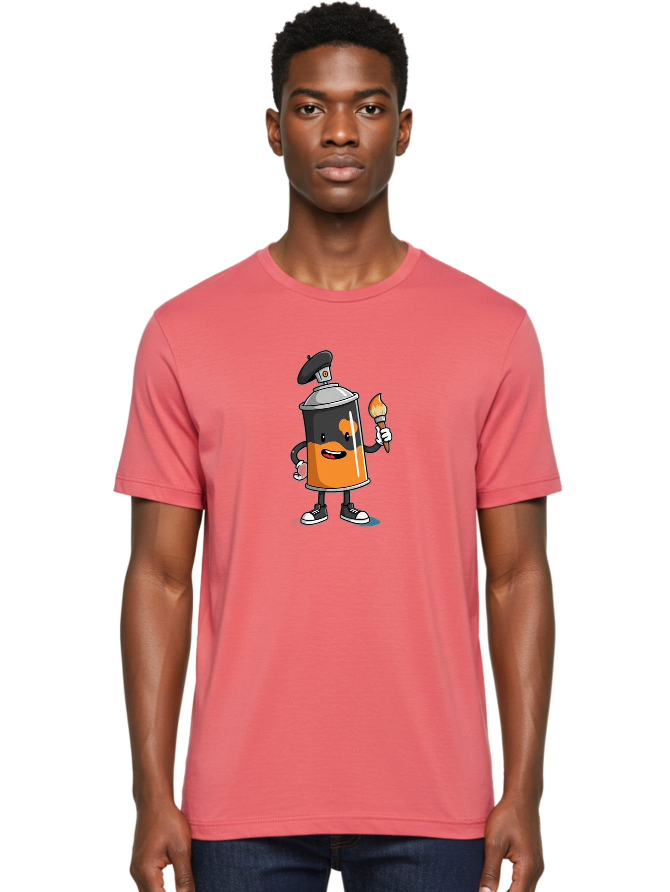 Spray-Can-2 Men'S Graphic Tee, 100% Cotton, Comfortable Casual Summer Wear, Machine Washable, Cartoon Spray Can, Street Art, Graffiti, Urban Culture, Creative Expression, Artistic Character, Vibrant Orange, Black And White Sneakers, Bad685
