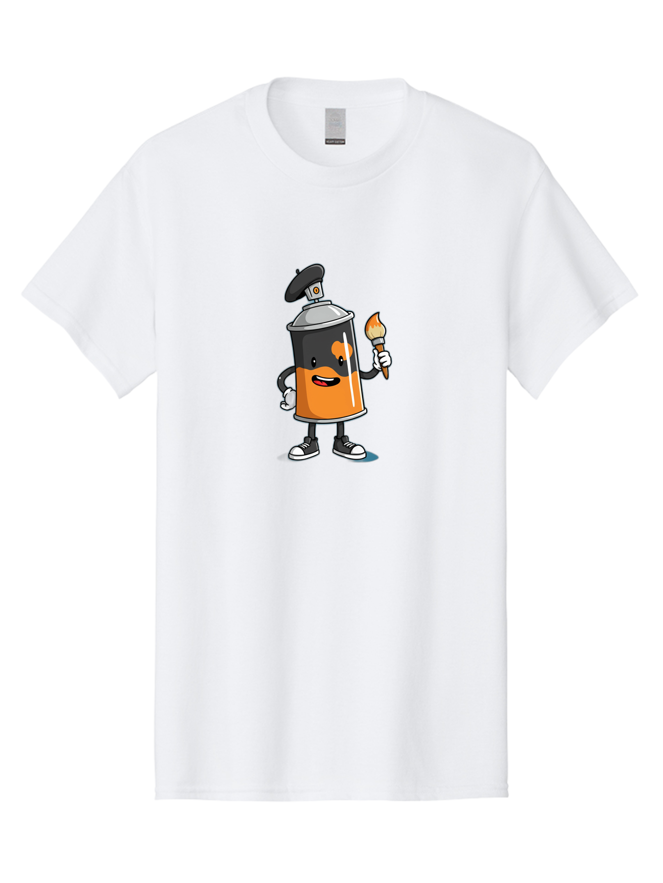Spray-Can-2 Men'S Graphic Tee, 100% Cotton, Comfortable Casual Summer Wear, Machine Washable, Cartoon Spray Can, Street Art, Graffiti, Urban Culture, Creative Expression, Artistic Character, Vibrant Orange, Black And White Sneakers, Bad685