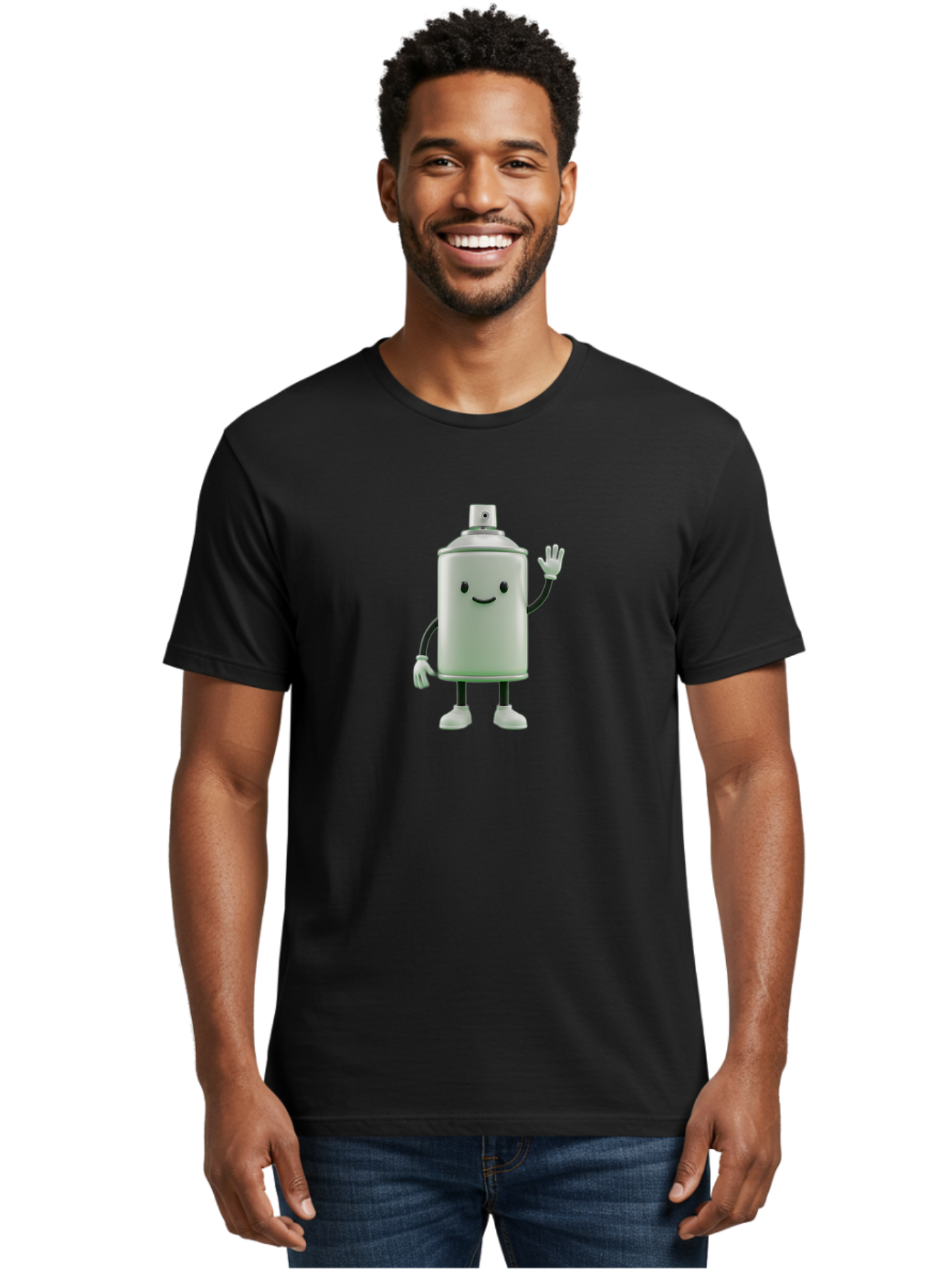 Spray-Can-Character-1 Men'S Graphic Tee, 100% Cotton, Comfortable Casual Summer Wear, Machine Washable, Cartoon Spray Can, Smiling Face, Waving Hand, White Gloves, Black Arms And Legs, Friendly Vibe, Animated Can, Humorous Character, Bad686