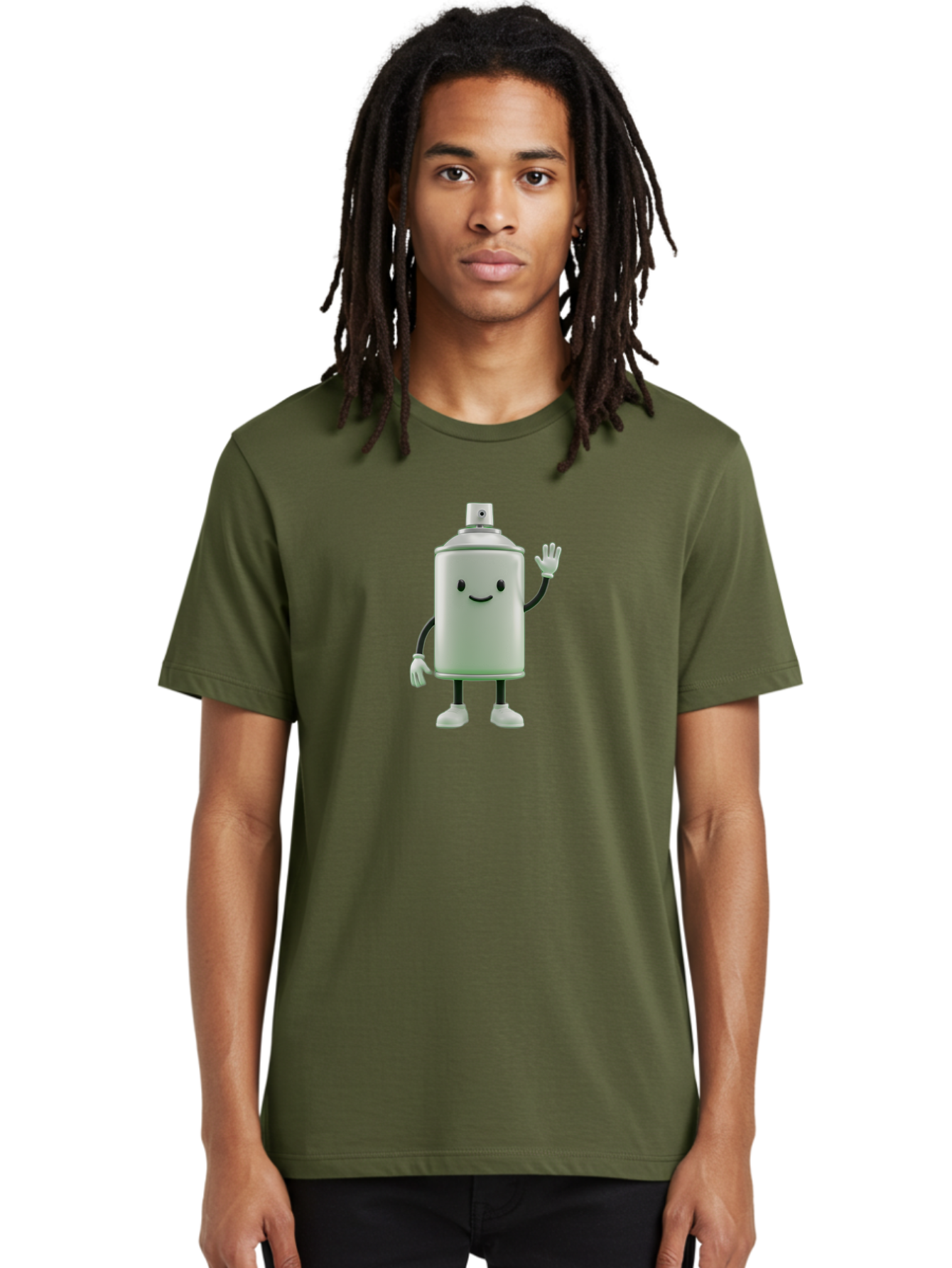 Spray-Can-Character-1 Men'S Graphic Tee, 100% Cotton, Comfortable Casual Summer Wear, Machine Washable, Cartoon Spray Can, Smiling Face, Waving Hand, White Gloves, Black Arms And Legs, Friendly Vibe, Animated Can, Humorous Character, Bad686