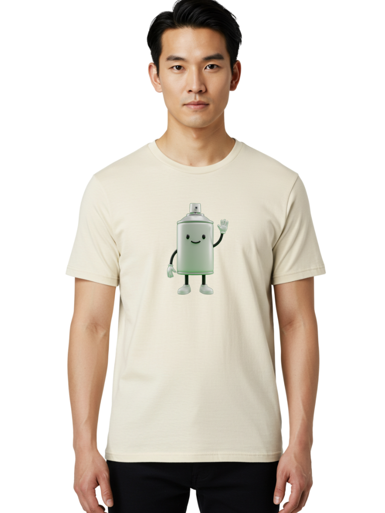 Spray-Can-Character-1 Men'S Graphic Tee, 100% Cotton, Comfortable Casual Summer Wear, Machine Washable, Cartoon Spray Can, Smiling Face, Waving Hand, White Gloves, Black Arms And Legs, Friendly Vibe, Animated Can, Humorous Character, Bad686