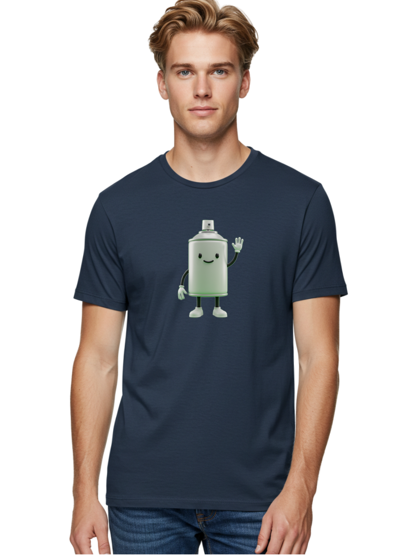 Spray-Can-Character-1 Men'S Graphic Tee, 100% Cotton, Comfortable Casual Summer Wear, Machine Washable, Cartoon Spray Can, Smiling Face, Waving Hand, White Gloves, Black Arms And Legs, Friendly Vibe, Animated Can, Humorous Character, Bad686