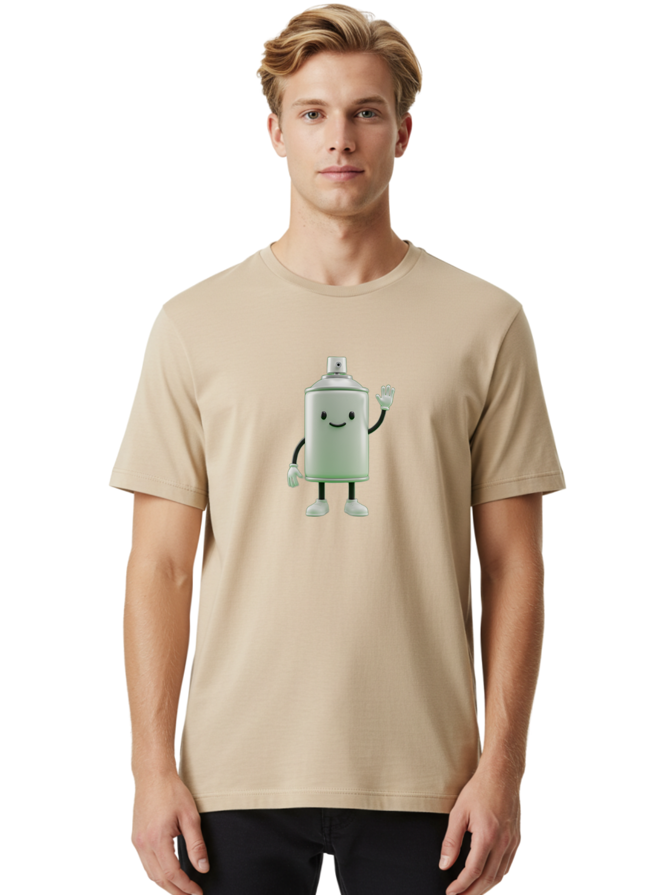 Spray-Can-Character-1 Men'S Graphic Tee, 100% Cotton, Comfortable Casual Summer Wear, Machine Washable, Cartoon Spray Can, Smiling Face, Waving Hand, White Gloves, Black Arms And Legs, Friendly Vibe, Animated Can, Humorous Character, Bad686