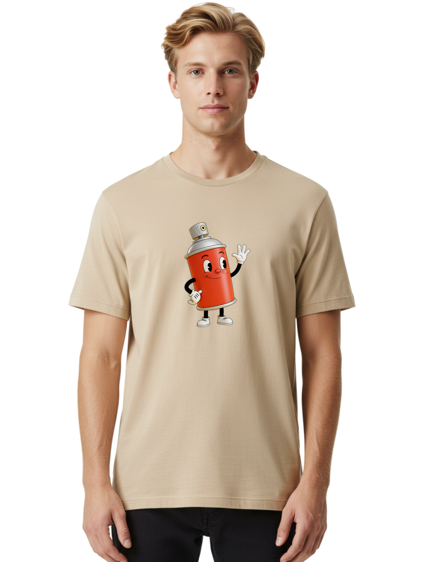 Spray-Can-Character Men'S Graphic Tee, 100% Cotton, Comfortable Casual Summer Wear, Machine Washable, Spray Can Mascot, Cartoon Character, Street Art, Graffiti Can, Friendly Vibe, Positive Gesture, Urban Art Supplies, Creative Expression Bad688
