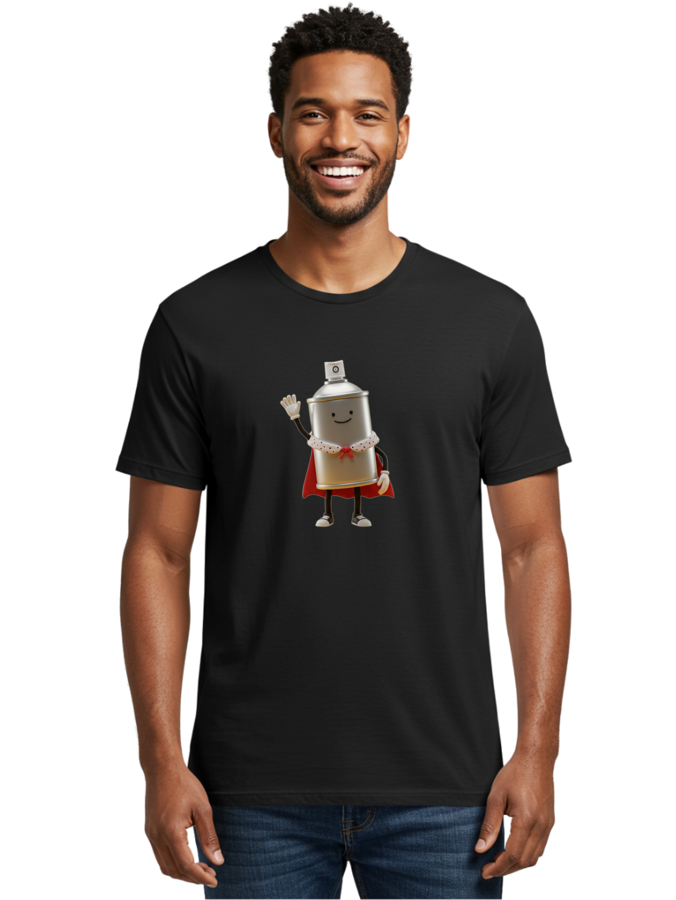 Spray-Can-Hero Men'S Graphic Tee, 100% Cotton, Comfortable Casual Summer Wear, Machine Washable, Spray Can Character, Street Art, Urban Creativity, Silver Can, Red Cape, Friendly Gesture, Cartoon Style, Streetwear Inspiration, Bad689