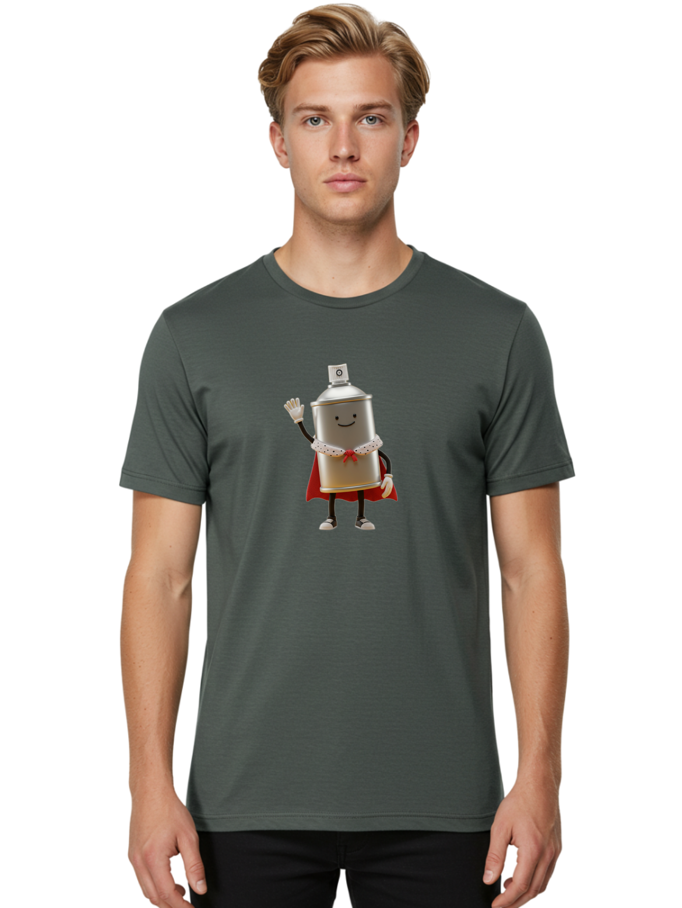 Spray-Can-Hero Men'S Graphic Tee, 100% Cotton, Comfortable Casual Summer Wear, Machine Washable, Spray Can Character, Street Art, Urban Creativity, Silver Can, Red Cape, Friendly Gesture, Cartoon Style, Streetwear Inspiration, Bad689