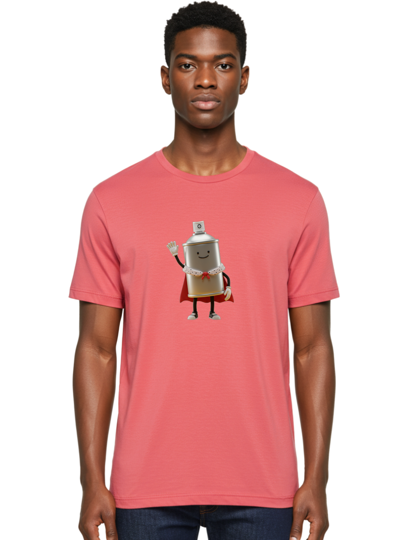 Spray-Can-Hero Men'S Graphic Tee, 100% Cotton, Comfortable Casual Summer Wear, Machine Washable, Spray Can Character, Street Art, Urban Creativity, Silver Can, Red Cape, Friendly Gesture, Cartoon Style, Streetwear Inspiration, Bad689
