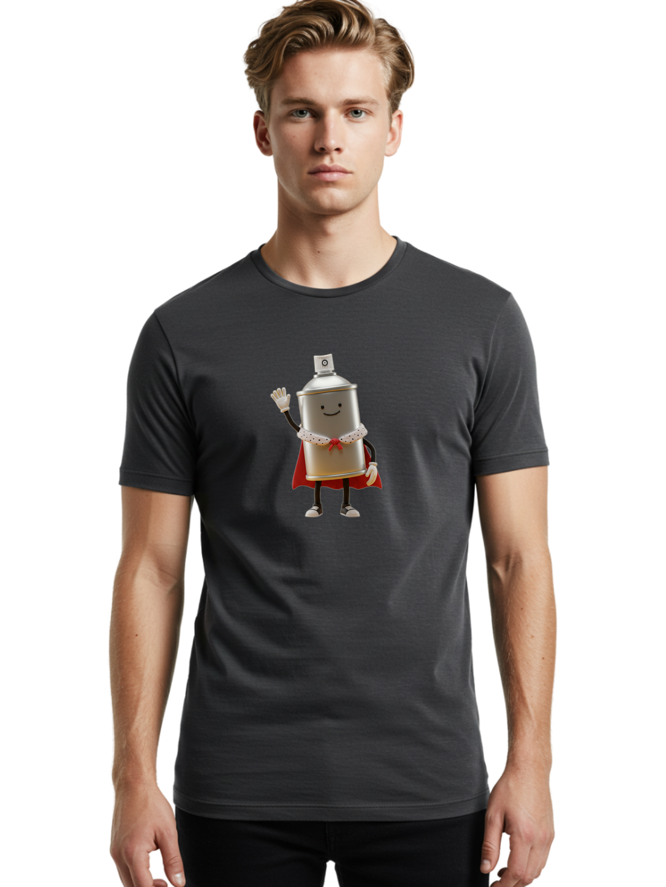 Spray-Can-Hero Men'S Graphic Tee, 100% Cotton, Comfortable Casual Summer Wear, Machine Washable, Spray Can Character, Street Art, Urban Creativity, Silver Can, Red Cape, Friendly Gesture, Cartoon Style, Streetwear Inspiration, Bad689
