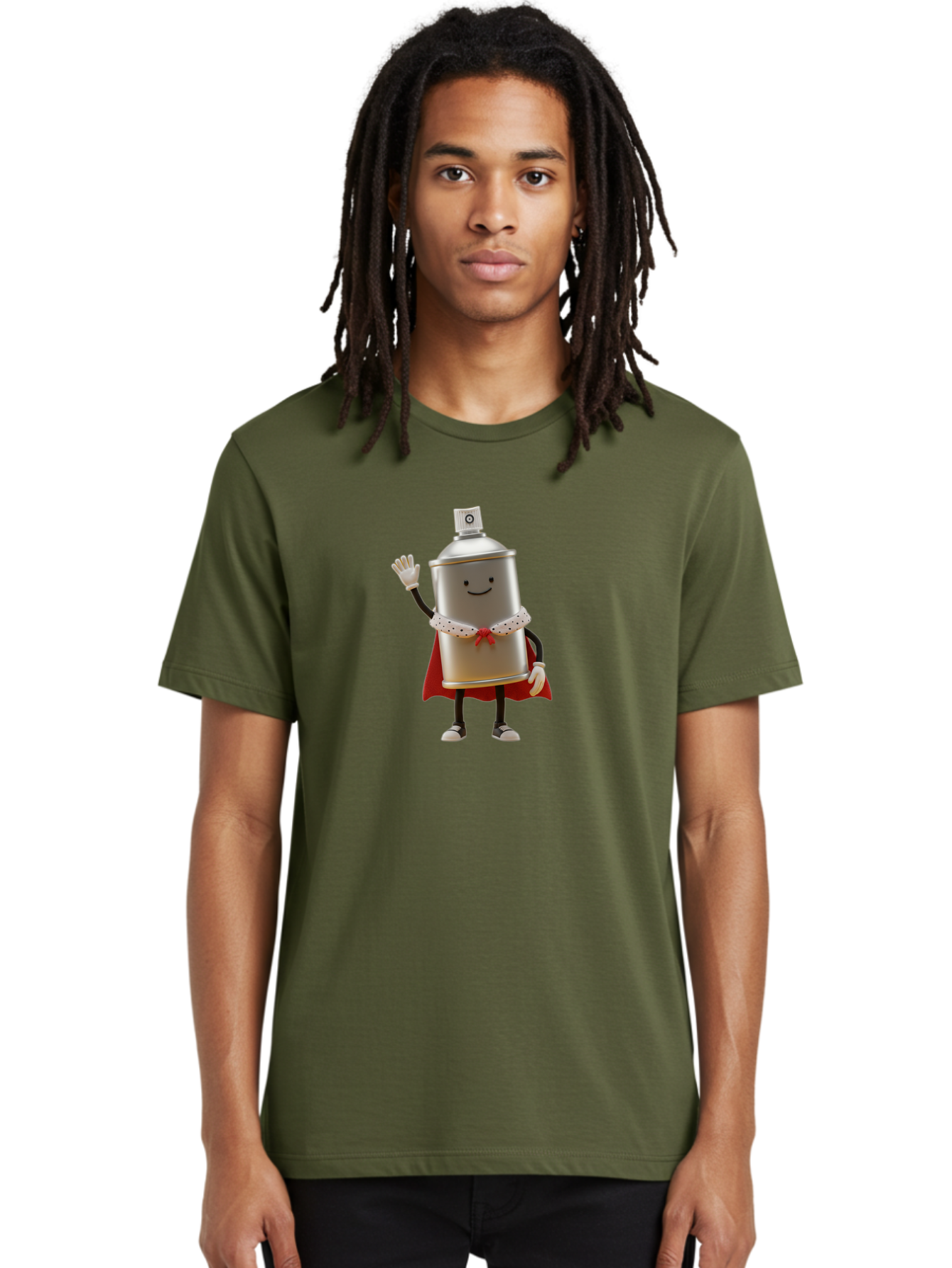 Spray-Can-Hero Men'S Graphic Tee, 100% Cotton, Comfortable Casual Summer Wear, Machine Washable, Spray Can Character, Street Art, Urban Creativity, Silver Can, Red Cape, Friendly Gesture, Cartoon Style, Streetwear Inspiration, Bad689