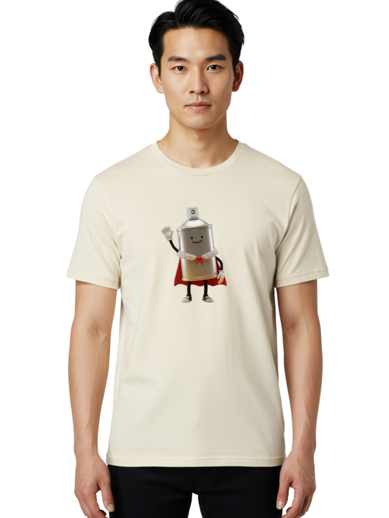 Spray-Can-Hero Men'S Graphic Tee, 100% Cotton, Comfortable Casual Summer Wear, Machine Washable, Spray Can Character, Street Art, Urban Creativity, Silver Can, Red Cape, Friendly Gesture, Cartoon Style, Streetwear Inspiration, Bad689