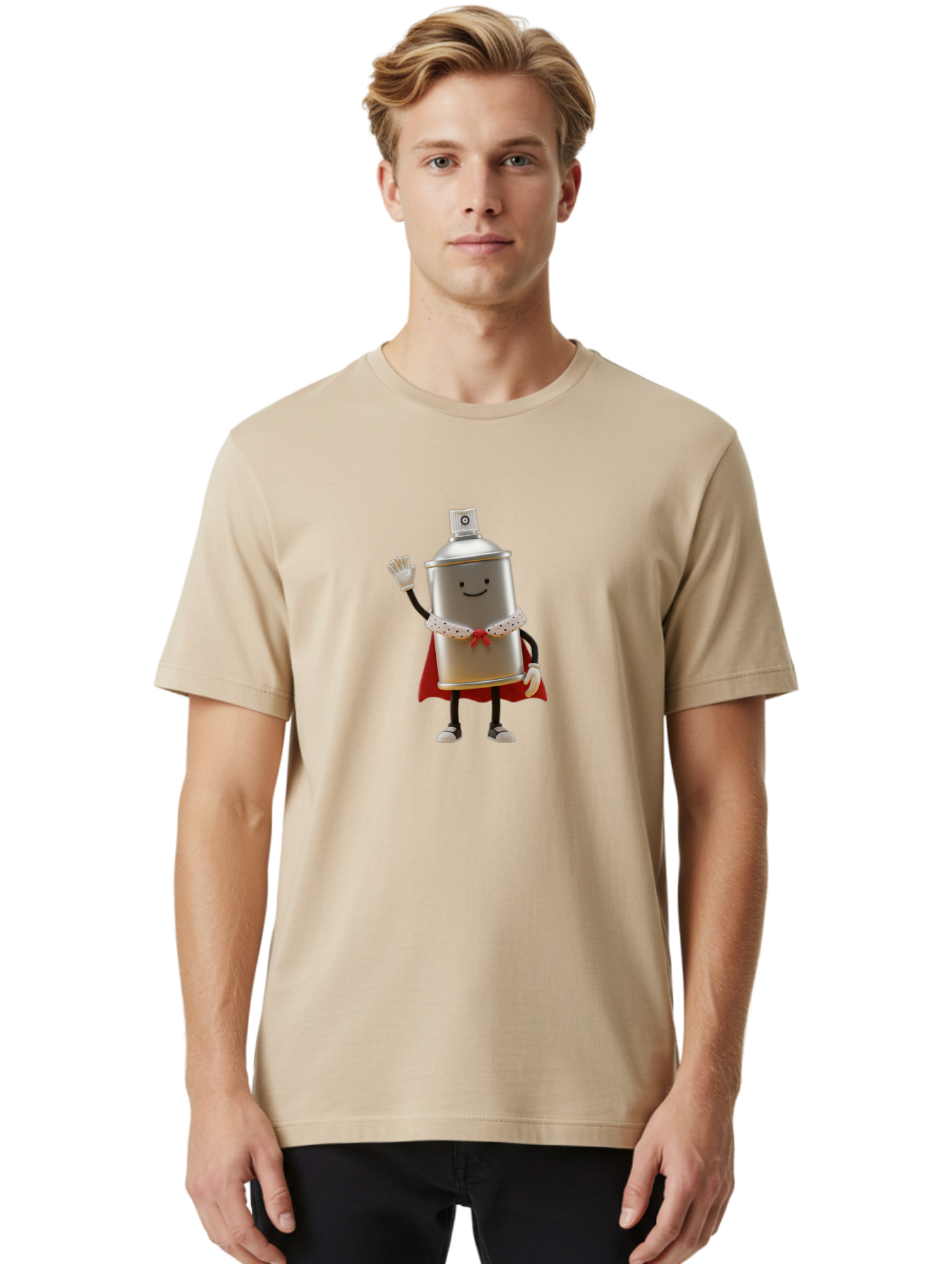 Spray-Can-Hero Men'S Graphic Tee, 100% Cotton, Comfortable Casual Summer Wear, Machine Washable, Spray Can Character, Street Art, Urban Creativity, Silver Can, Red Cape, Friendly Gesture, Cartoon Style, Streetwear Inspiration, Bad689
