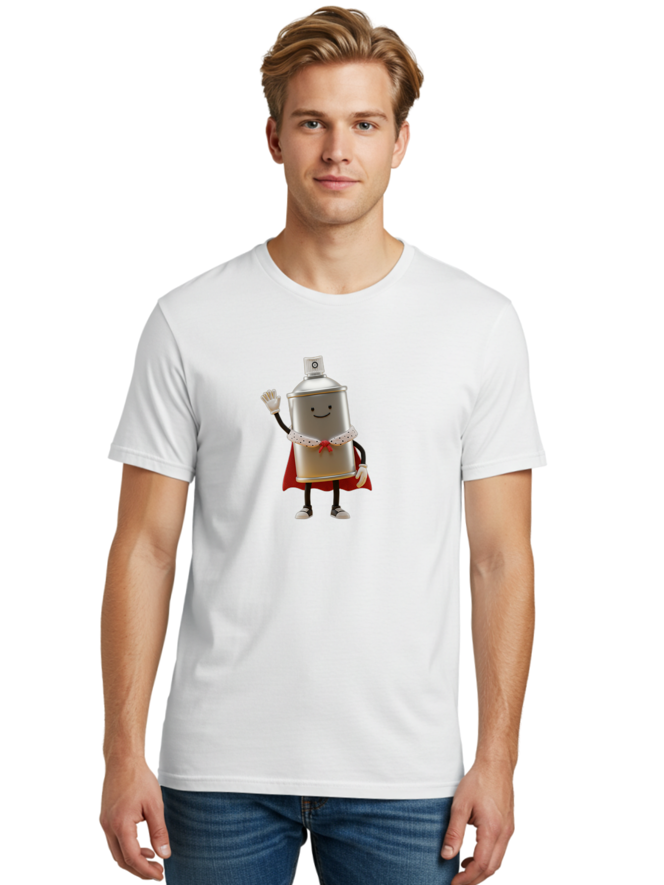 Spray-Can-Hero Men'S Graphic Tee, 100% Cotton, Comfortable Casual Summer Wear, Machine Washable, Spray Can Character, Street Art, Urban Creativity, Silver Can, Red Cape, Friendly Gesture, Cartoon Style, Streetwear Inspiration, Bad689