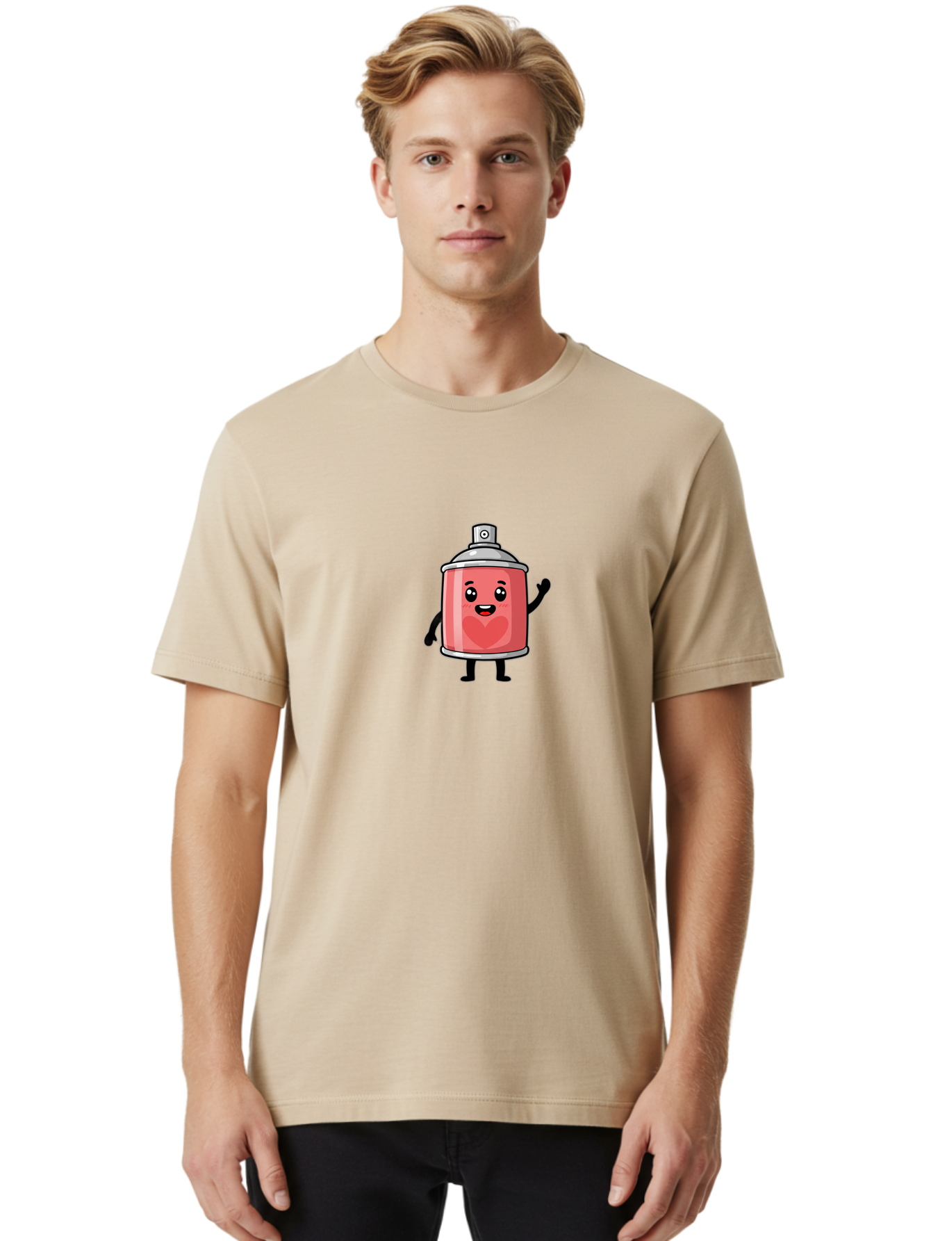 Spray-Can-With-Heart Men'S Graphic Tee, 100% Cotton, Comfortable Casual Summer Wear, Machine Washable, Pink Spray Can, Cartoon Character, Smiling Face, Heart Symbol, Graffiti Art, Street Art, Urban Culture, Artistic Expression, Happy Vibe, Bad690