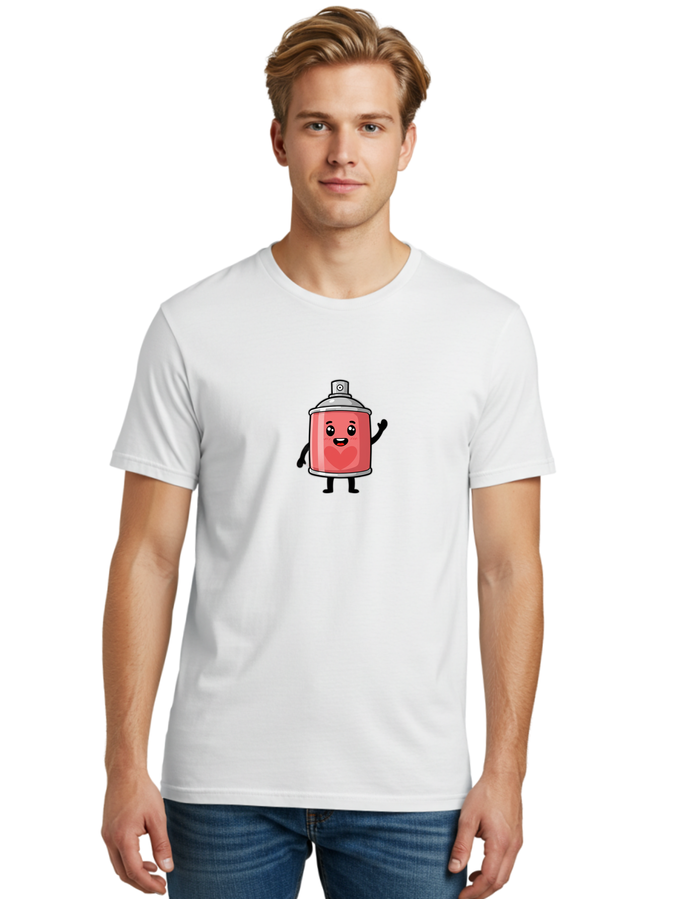 Spray-Can-With-Heart Men'S Graphic Tee, 100% Cotton, Comfortable Casual Summer Wear, Machine Washable, Pink Spray Can, Cartoon Character, Smiling Face, Heart Symbol, Graffiti Art, Street Art, Urban Culture, Artistic Expression, Happy Vibe, Bad690