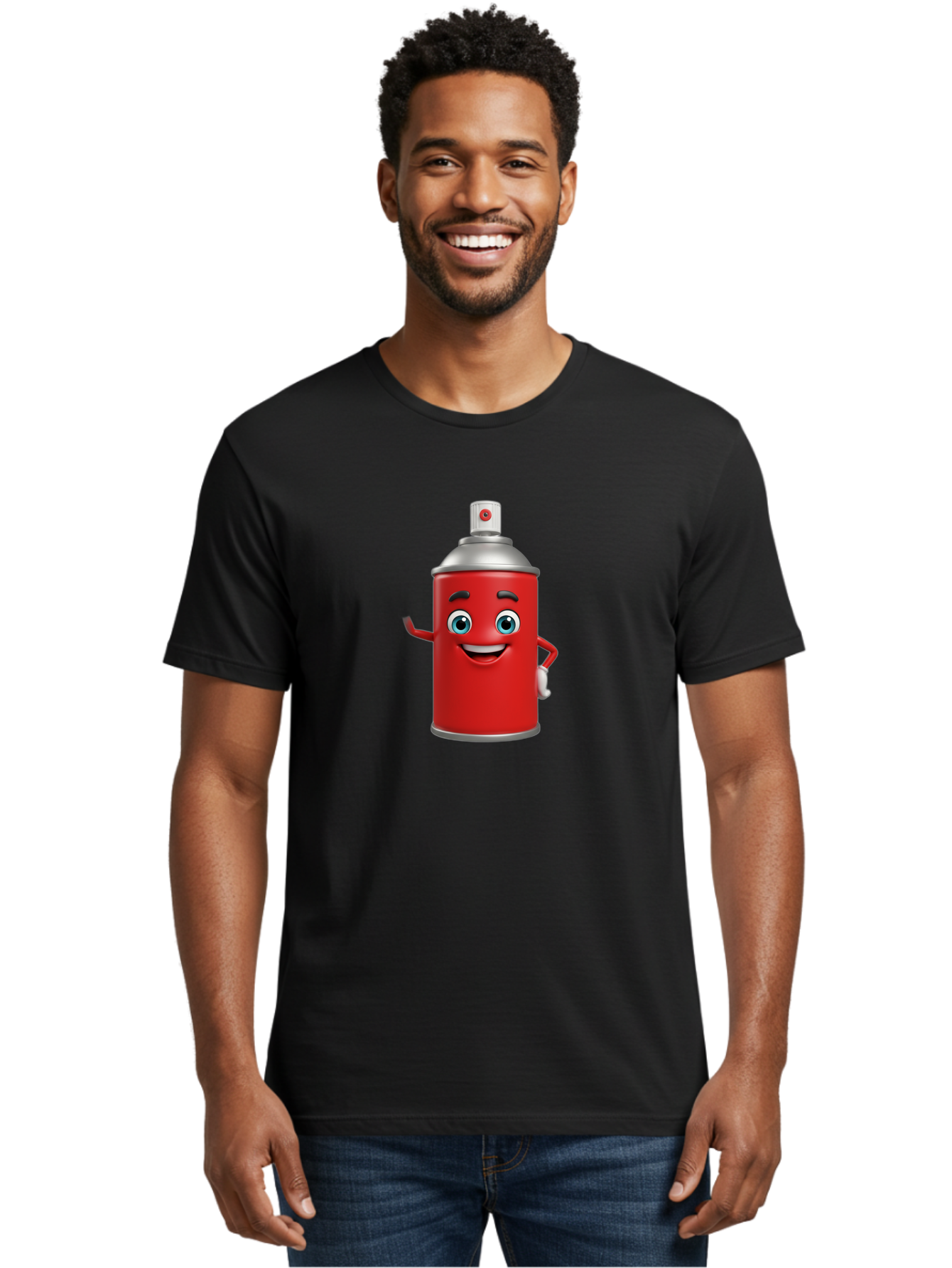 Spray-Can Men'S Graphic Tee, 100% Cotton, Comfortable Casual Summer Wear, Machine Washable, Cartoon Spray Paint Can, Red Color, Silver Cap, Smiling Face, Blue Eyes, Red And White Nozzle, Hand-Holding Gesture, Street Art, Graffiti, Bad691