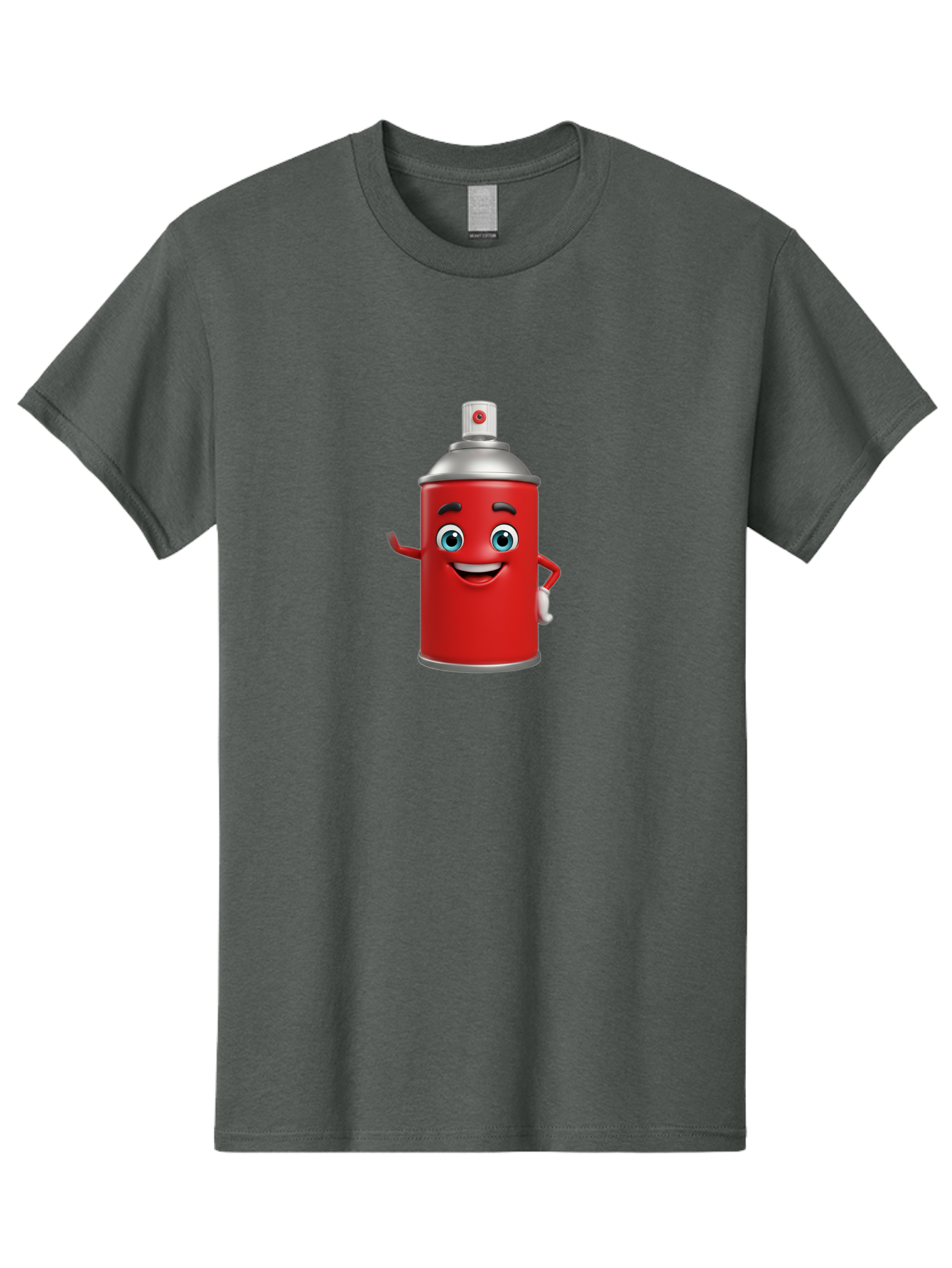 Spray-Can Men'S Graphic Tee, 100% Cotton, Comfortable Casual Summer Wear, Machine Washable, Cartoon Spray Paint Can, Red Color, Silver Cap, Smiling Face, Blue Eyes, Red And White Nozzle, Hand-Holding Gesture, Street Art, Graffiti, Bad691
