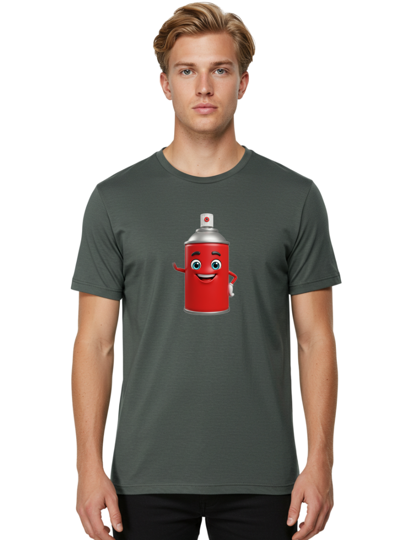 Spray-Can Men'S Graphic Tee, 100% Cotton, Comfortable Casual Summer Wear, Machine Washable, Cartoon Spray Paint Can, Red Color, Silver Cap, Smiling Face, Blue Eyes, Red And White Nozzle, Hand-Holding Gesture, Street Art, Graffiti, Bad691