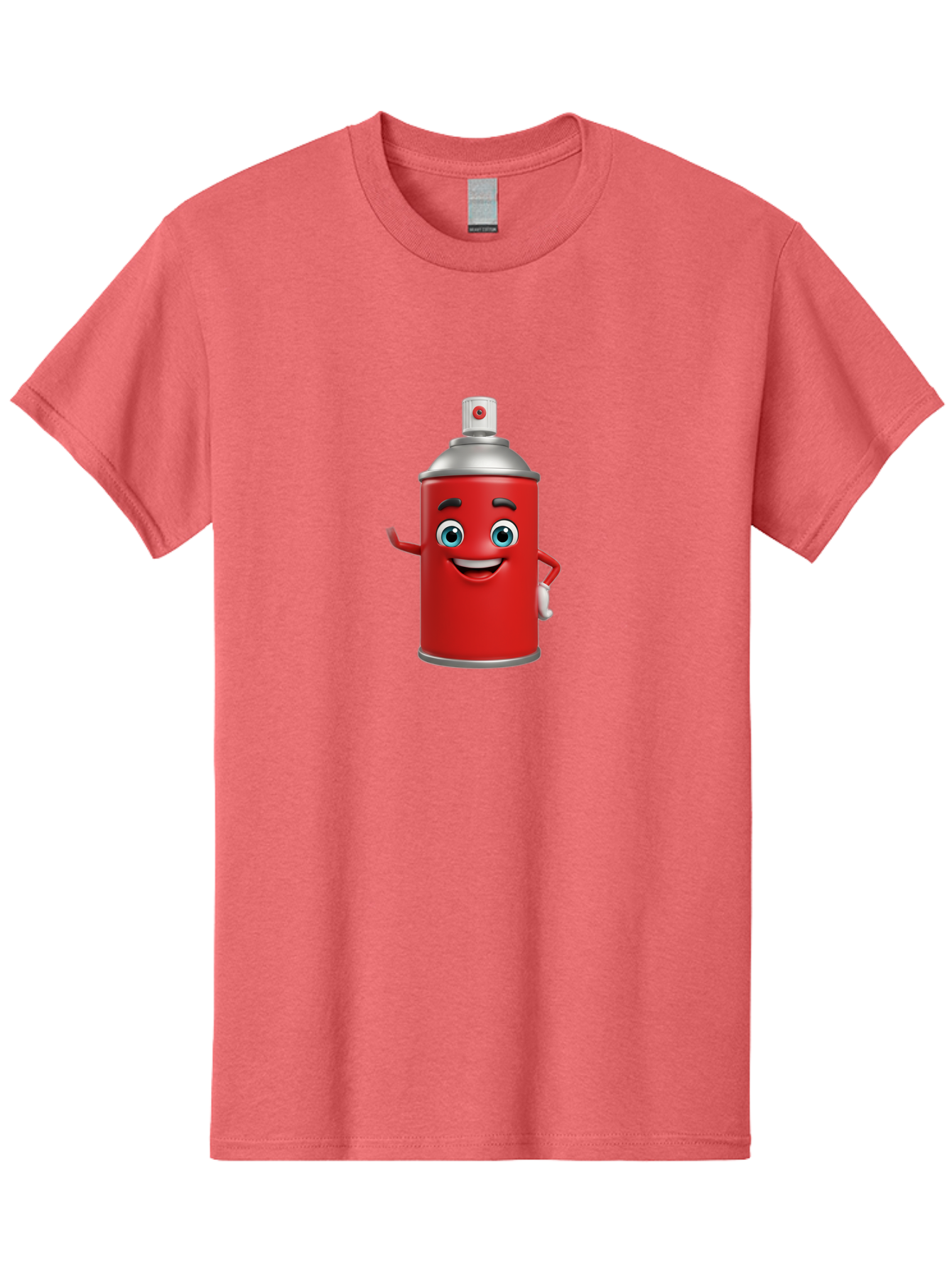 Spray-Can Men'S Graphic Tee, 100% Cotton, Comfortable Casual Summer Wear, Machine Washable, Cartoon Spray Paint Can, Red Color, Silver Cap, Smiling Face, Blue Eyes, Red And White Nozzle, Hand-Holding Gesture, Street Art, Graffiti, Bad691