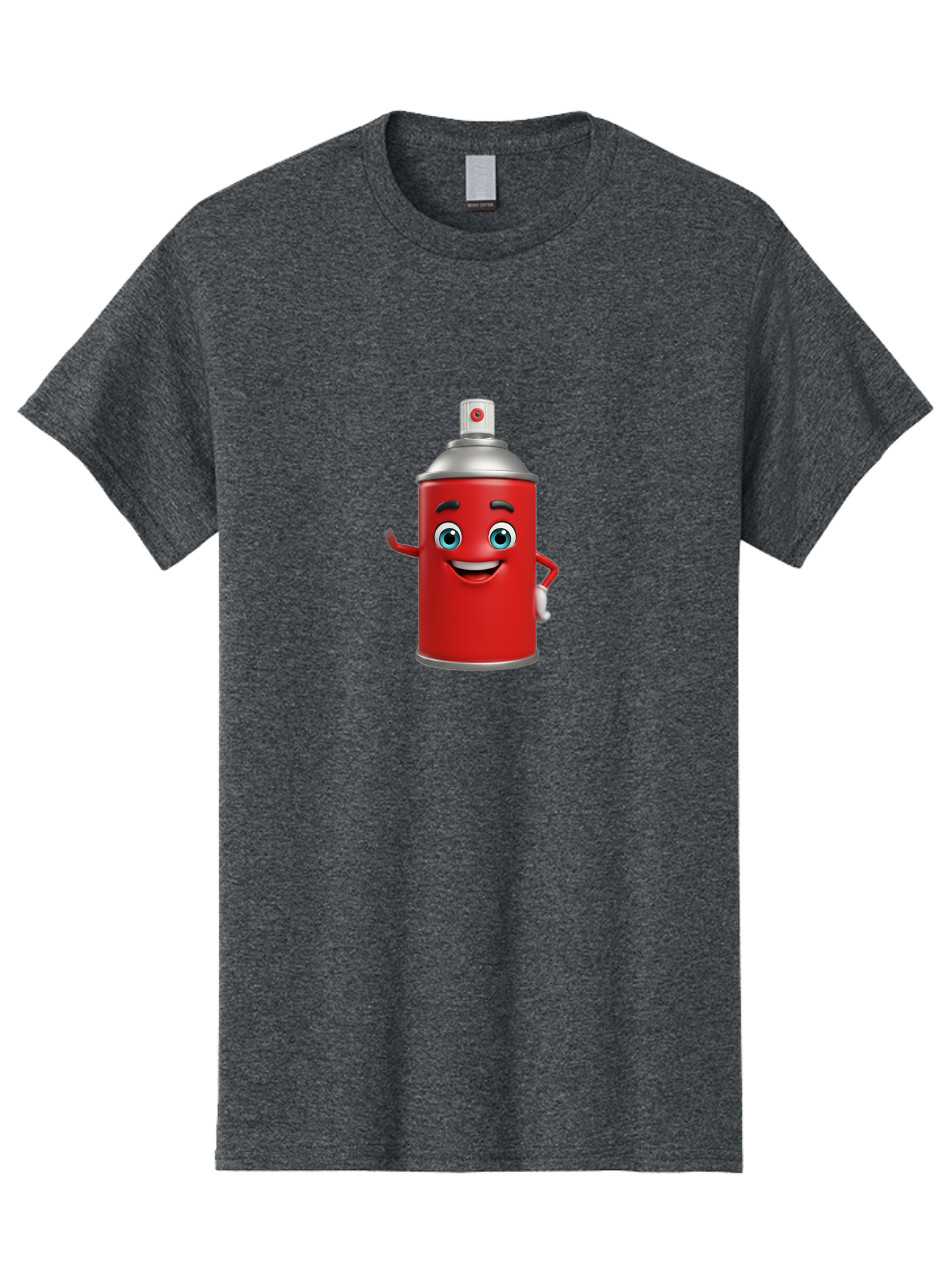 Spray-Can Men'S Graphic Tee, 100% Cotton, Comfortable Casual Summer Wear, Machine Washable, Cartoon Spray Paint Can, Red Color, Silver Cap, Smiling Face, Blue Eyes, Red And White Nozzle, Hand-Holding Gesture, Street Art, Graffiti, Bad691