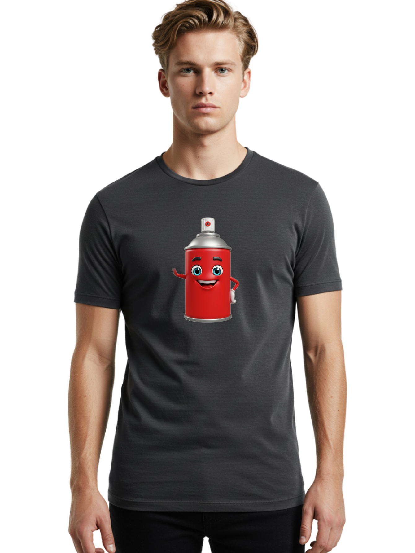 Spray-Can Men'S Graphic Tee, 100% Cotton, Comfortable Casual Summer Wear, Machine Washable, Cartoon Spray Paint Can, Red Color, Silver Cap, Smiling Face, Blue Eyes, Red And White Nozzle, Hand-Holding Gesture, Street Art, Graffiti, Bad691