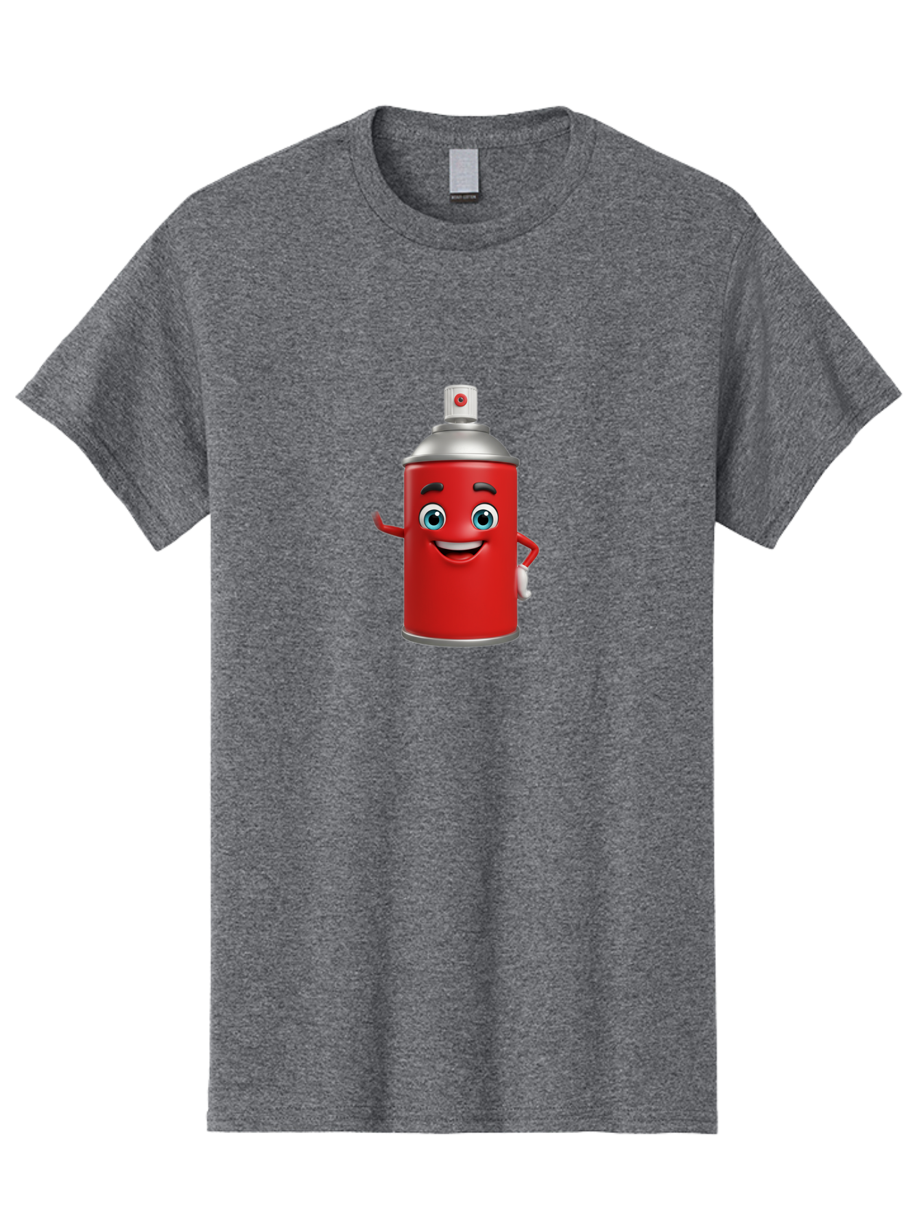 Spray-Can Men'S Graphic Tee, 100% Cotton, Comfortable Casual Summer Wear, Machine Washable, Cartoon Spray Paint Can, Red Color, Silver Cap, Smiling Face, Blue Eyes, Red And White Nozzle, Hand-Holding Gesture, Street Art, Graffiti, Bad691