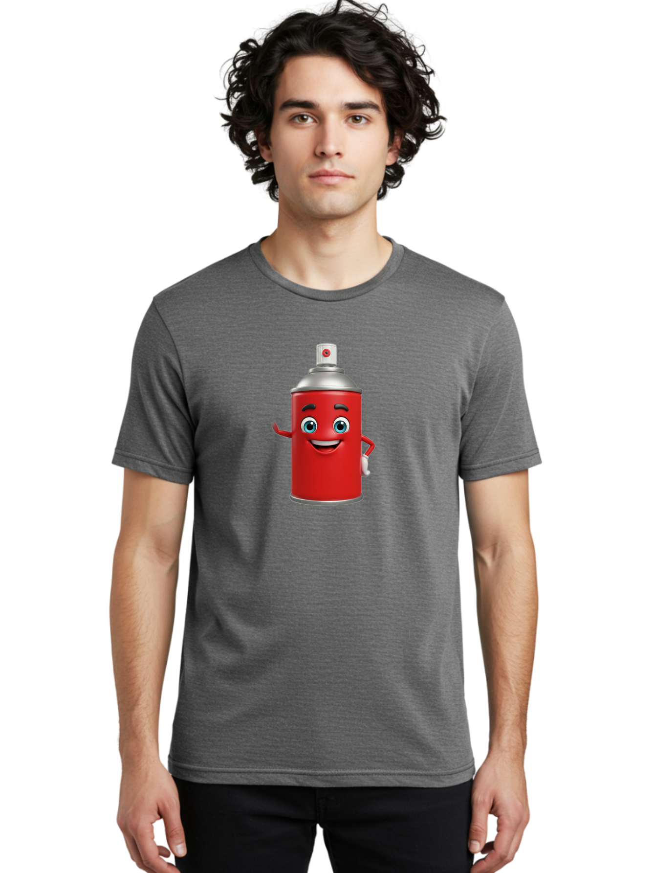 Spray-Can Men'S Graphic Tee, 100% Cotton, Comfortable Casual Summer Wear, Machine Washable, Cartoon Spray Paint Can, Red Color, Silver Cap, Smiling Face, Blue Eyes, Red And White Nozzle, Hand-Holding Gesture, Street Art, Graffiti, Bad691