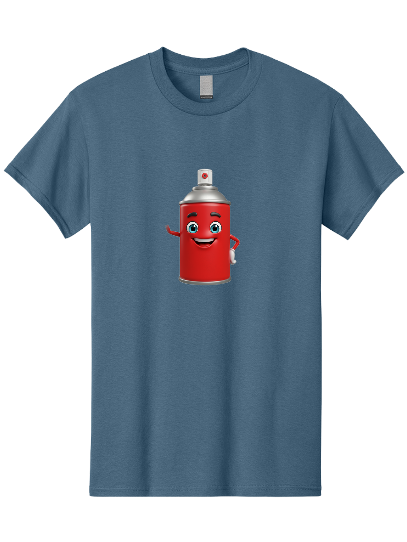Spray-Can Men'S Graphic Tee, 100% Cotton, Comfortable Casual Summer Wear, Machine Washable, Cartoon Spray Paint Can, Red Color, Silver Cap, Smiling Face, Blue Eyes, Red And White Nozzle, Hand-Holding Gesture, Street Art, Graffiti, Bad691
