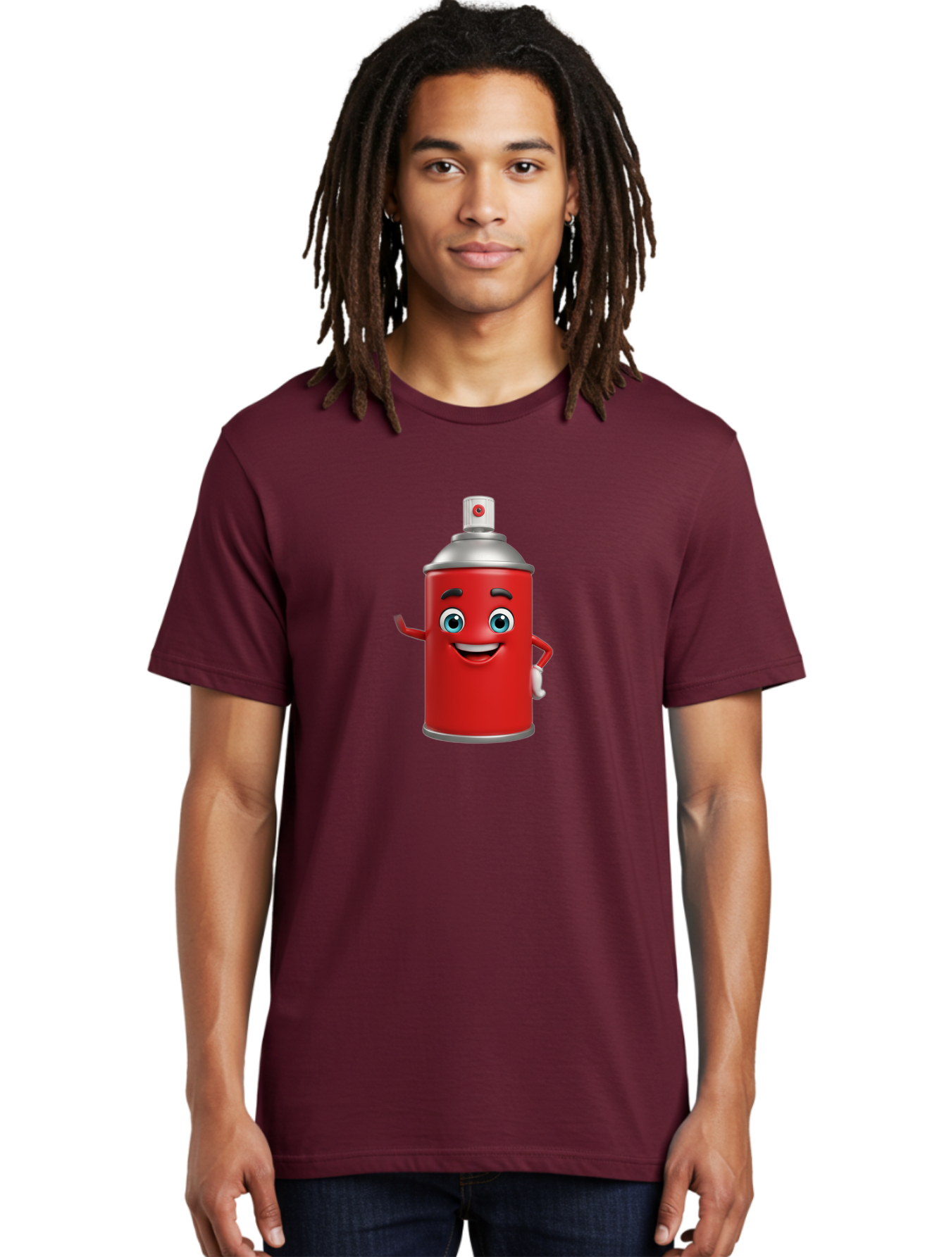 Spray-Can Men'S Graphic Tee, 100% Cotton, Comfortable Casual Summer Wear, Machine Washable, Cartoon Spray Paint Can, Red Color, Silver Cap, Smiling Face, Blue Eyes, Red And White Nozzle, Hand-Holding Gesture, Street Art, Graffiti, Bad691