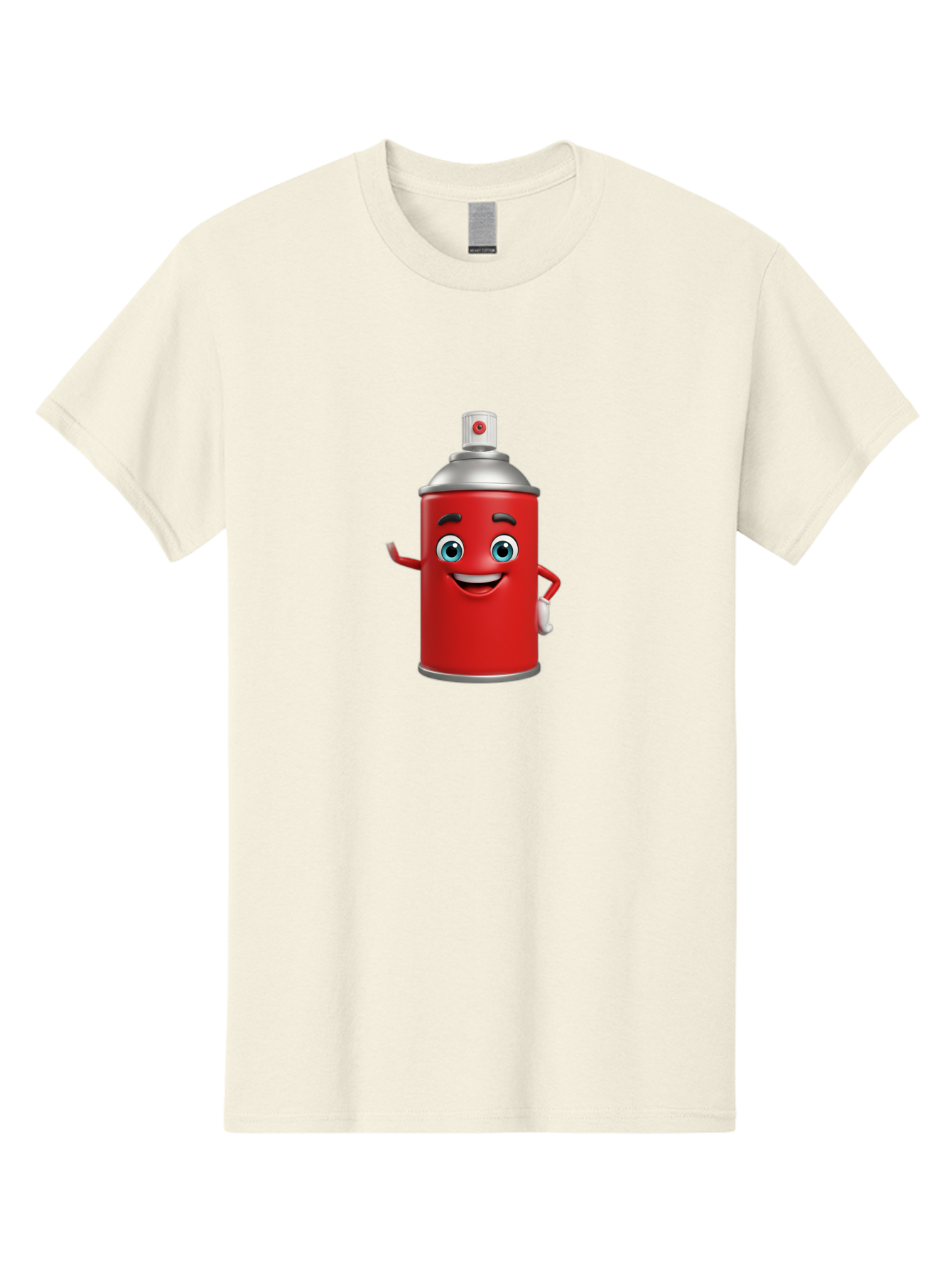 Spray-Can Men'S Graphic Tee, 100% Cotton, Comfortable Casual Summer Wear, Machine Washable, Cartoon Spray Paint Can, Red Color, Silver Cap, Smiling Face, Blue Eyes, Red And White Nozzle, Hand-Holding Gesture, Street Art, Graffiti, Bad691