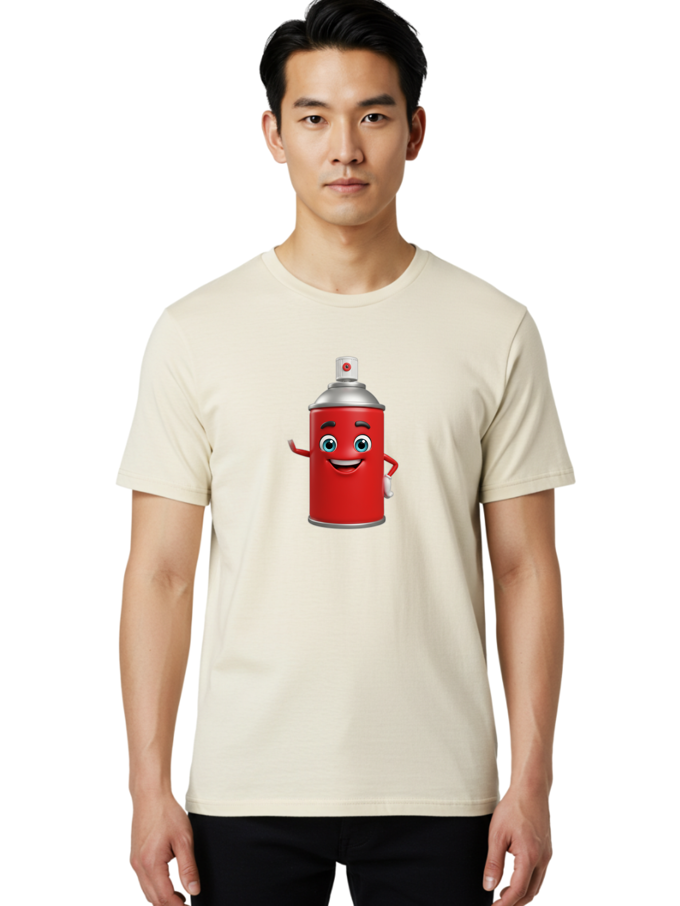 Spray-Can Men'S Graphic Tee, 100% Cotton, Comfortable Casual Summer Wear, Machine Washable, Cartoon Spray Paint Can, Red Color, Silver Cap, Smiling Face, Blue Eyes, Red And White Nozzle, Hand-Holding Gesture, Street Art, Graffiti, Bad691